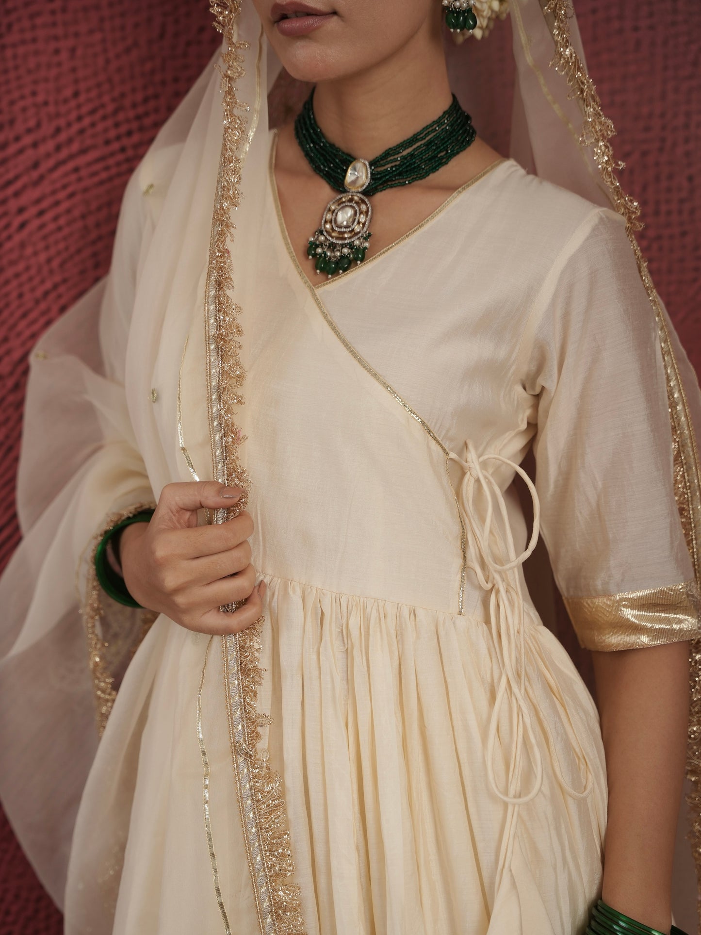 CHAAND OFF WHITE CHANDERI ANGRAKHA ZARIWORK SUIT SET