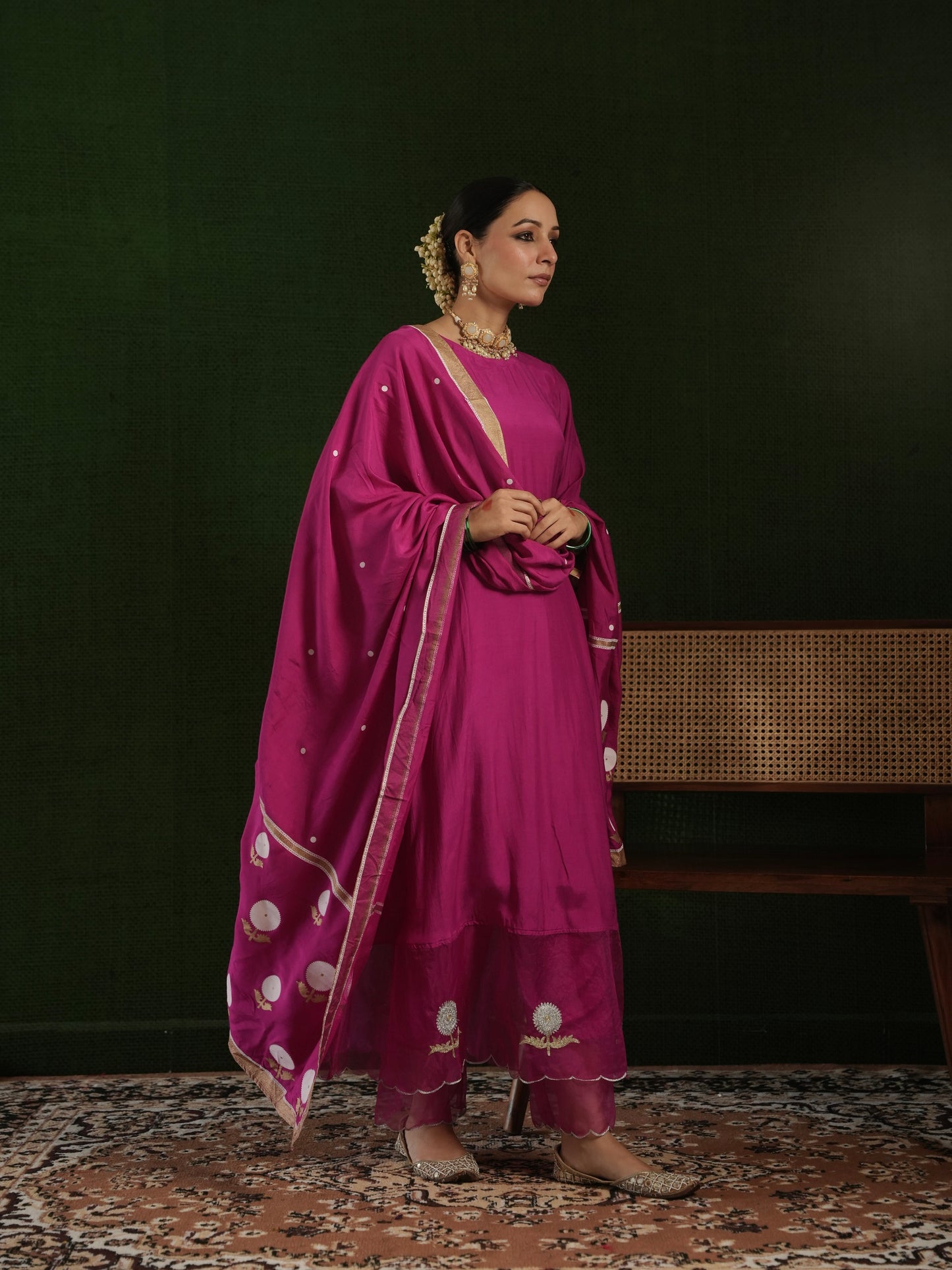 CHAAND DARK PINK MASLIN  EMBROIDERY SUIT SET WITH BLOCKPRINT DUPATTA