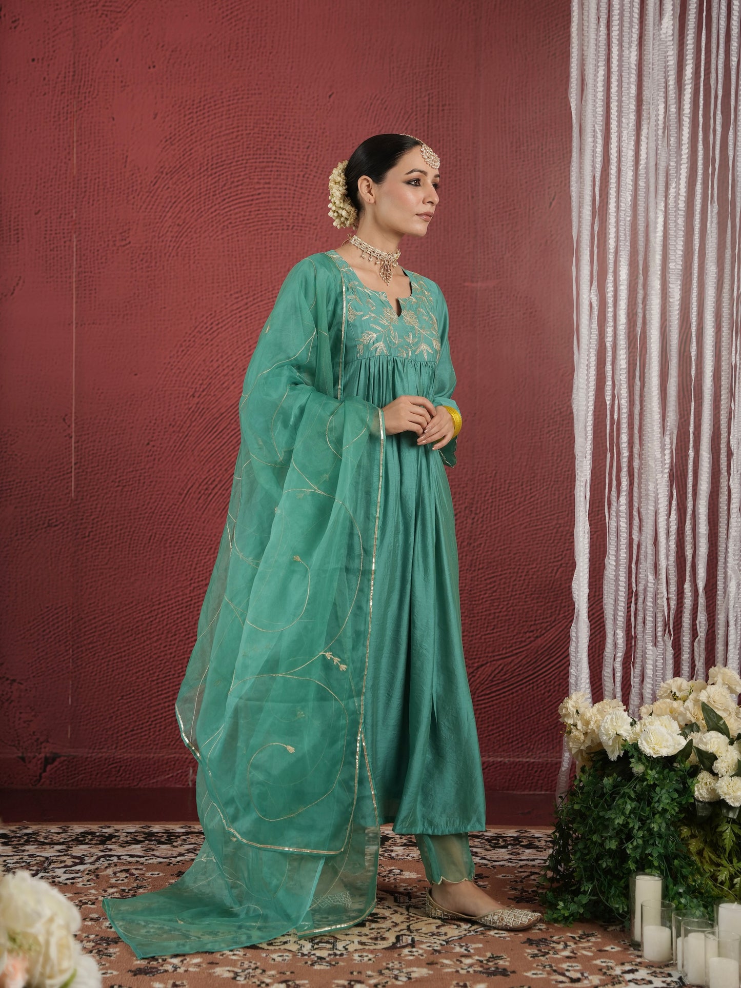 CHAAND GREEN CHANDERI ZARIWORK SUIT SET