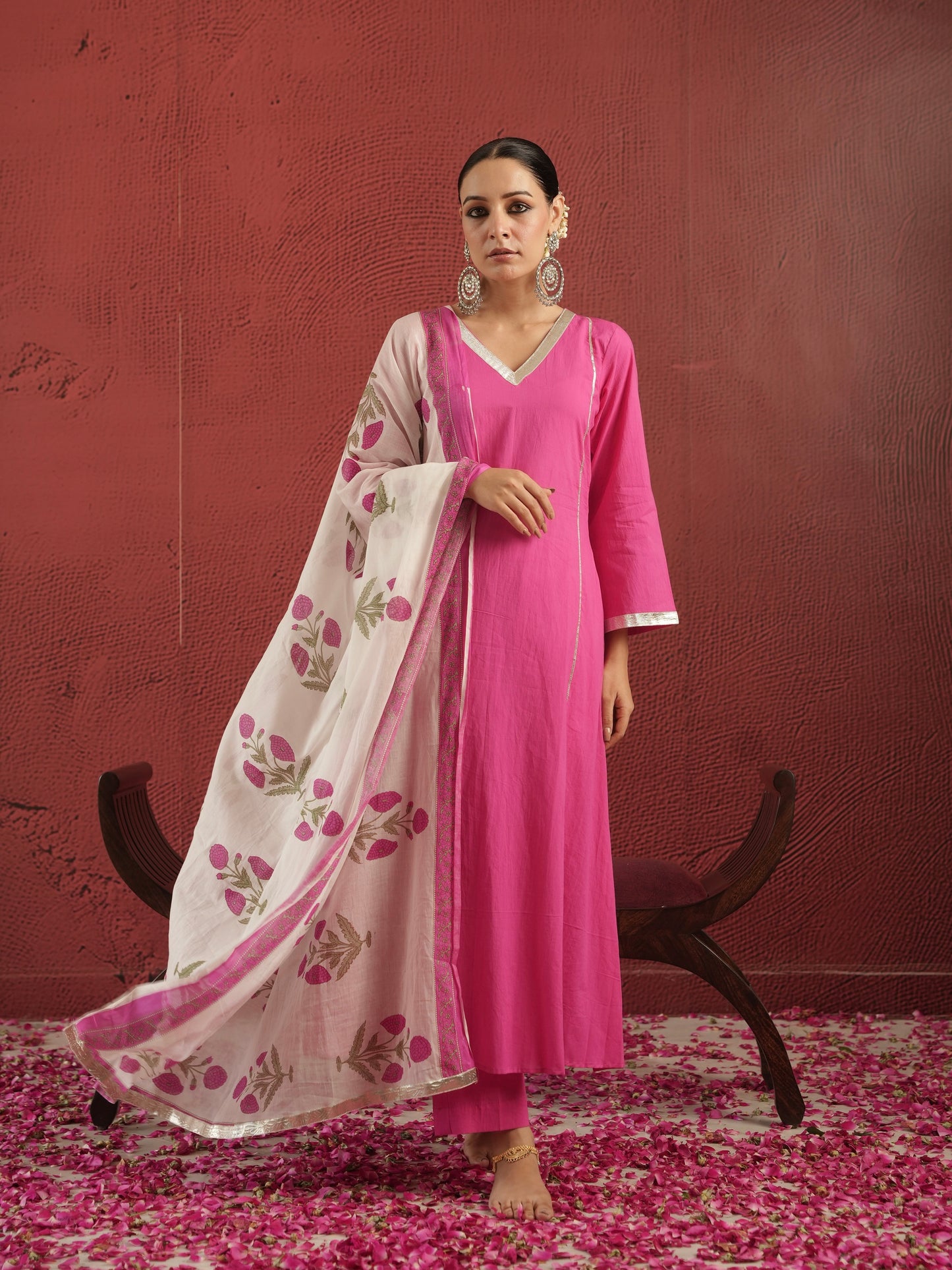 CHAAND PINK COTTON SUIT SET WITH BLOCK PRINT DUPATTA