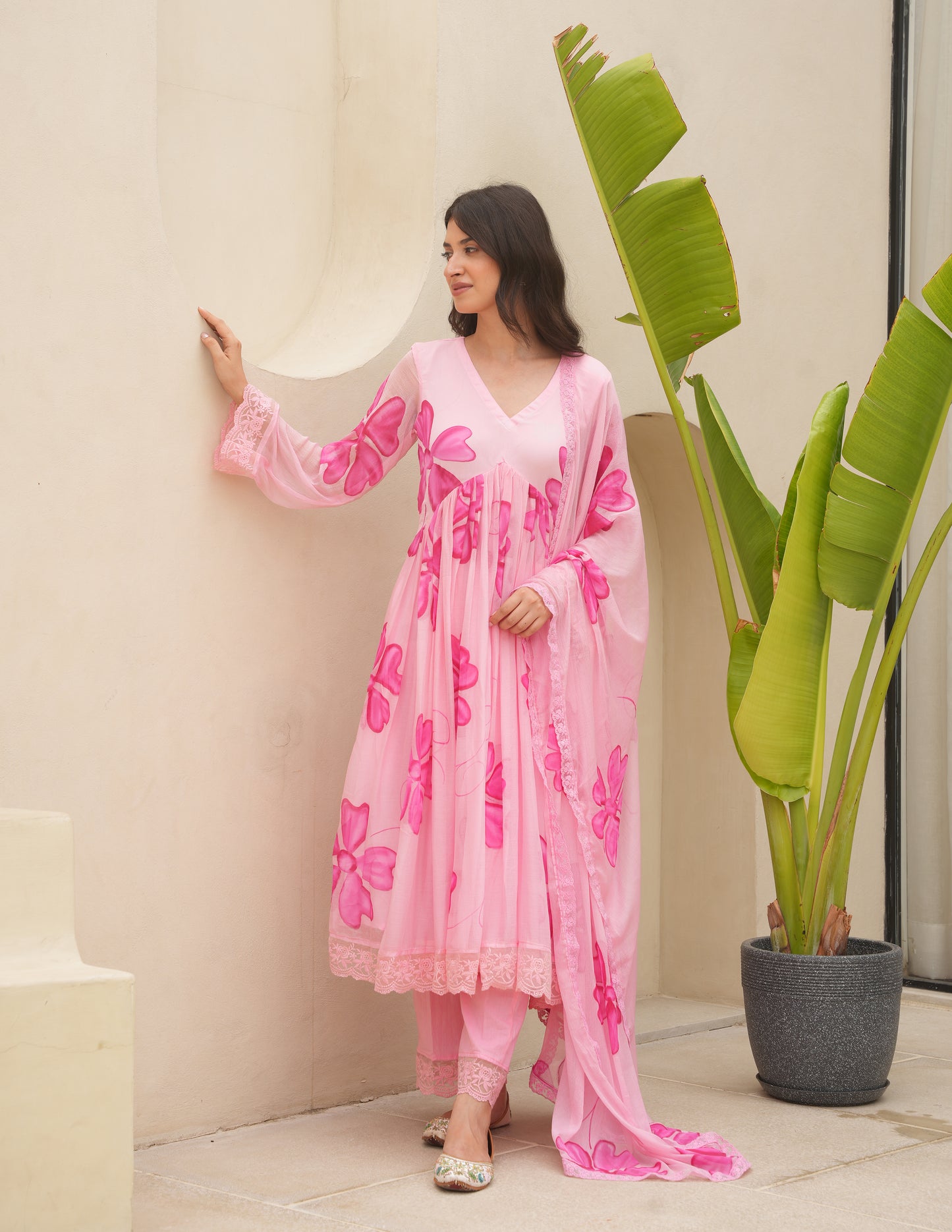 Cherry Pink Handpaint Chiffon Suit Set