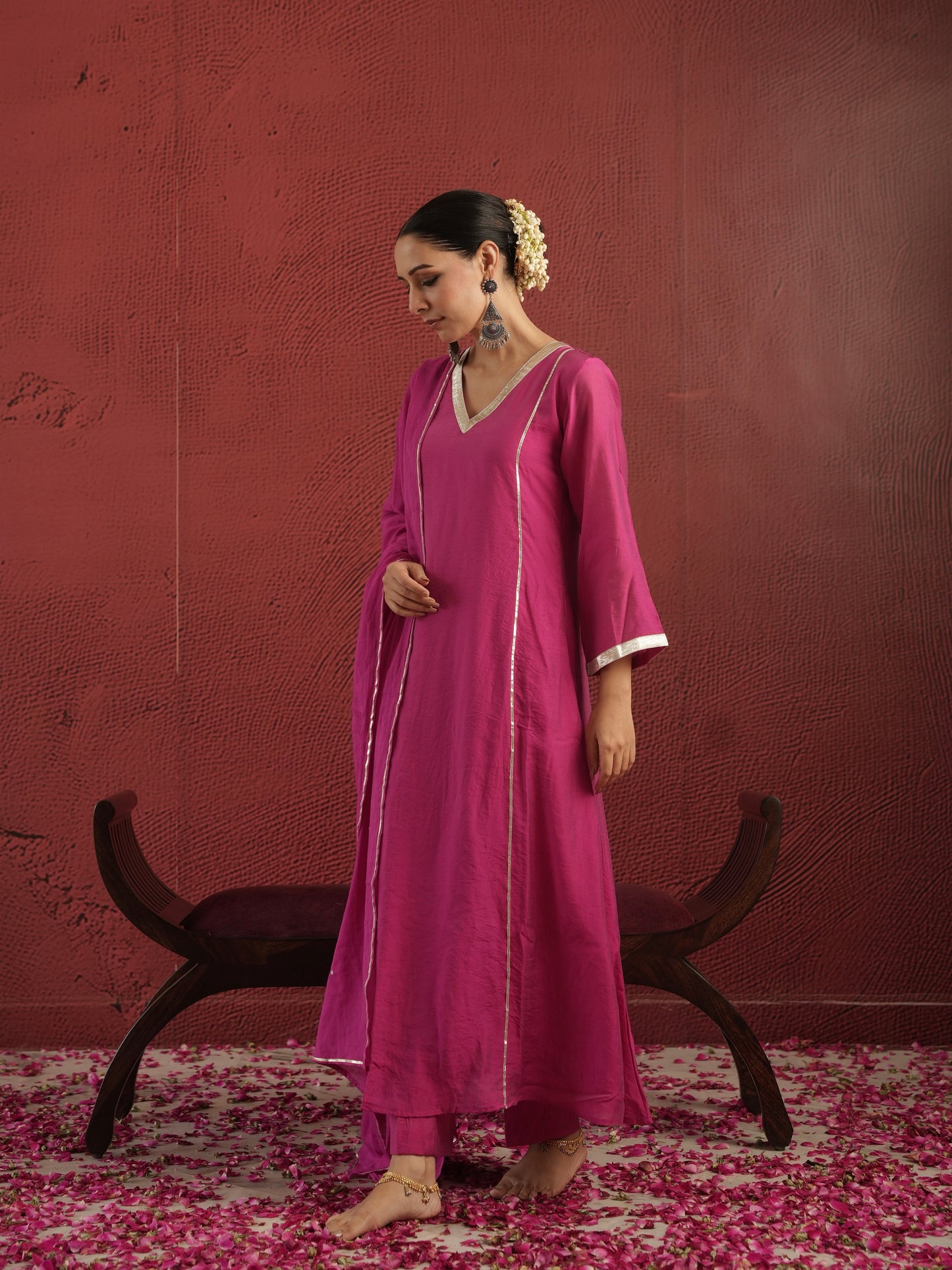 CHAAND HOT PINK CHANDERI ZARI GOTA SUIT SET