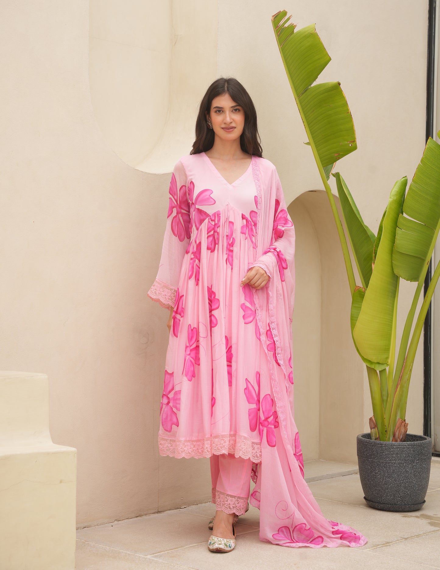 Cherry Pink Handpaint Chiffon Suit Set