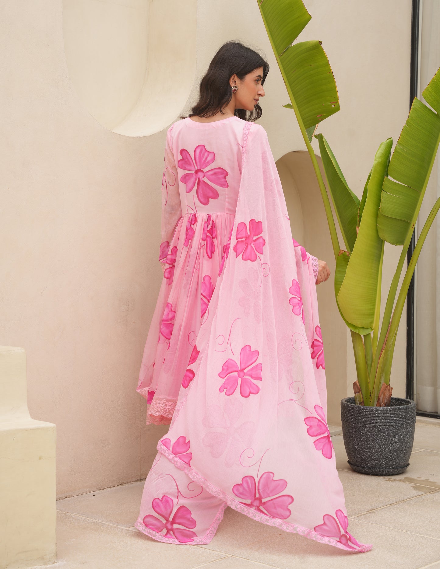 Cherry Pink Handpaint Chiffon Suit Set