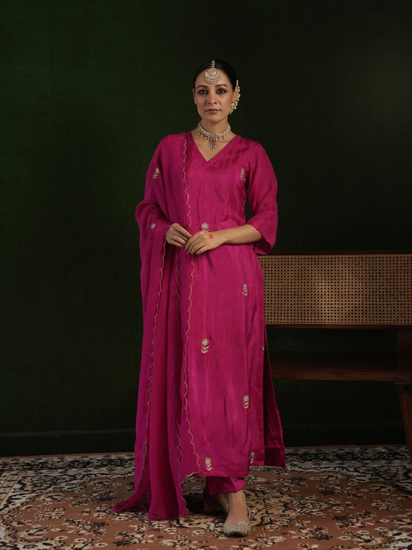 CHAAND DARK PINK SILK AARI EMBROIDERY SUIT SET