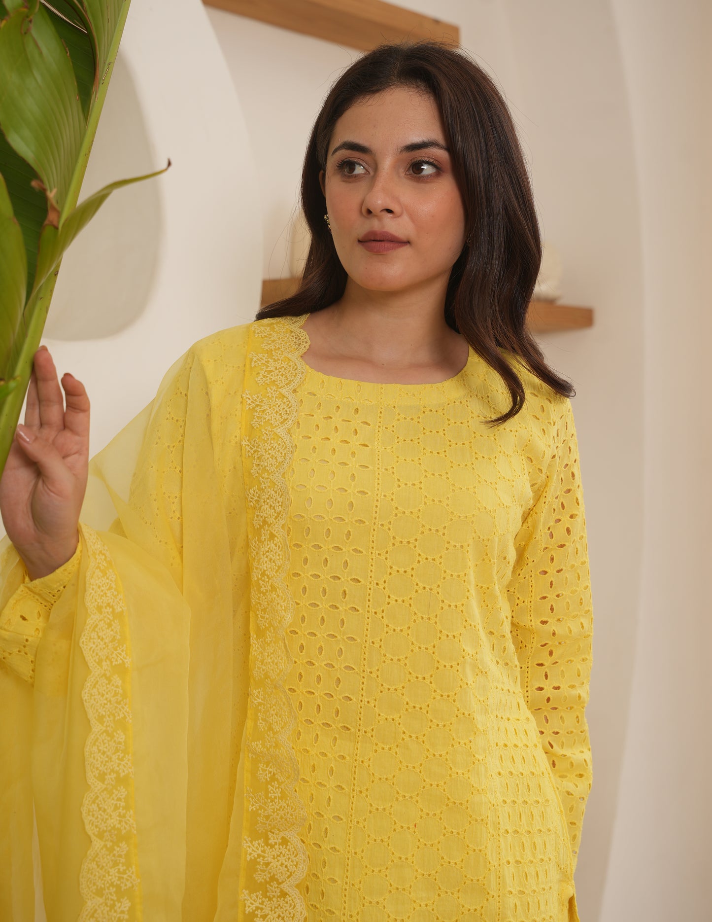 Josie Yellow Schiffli Straight Suit Set