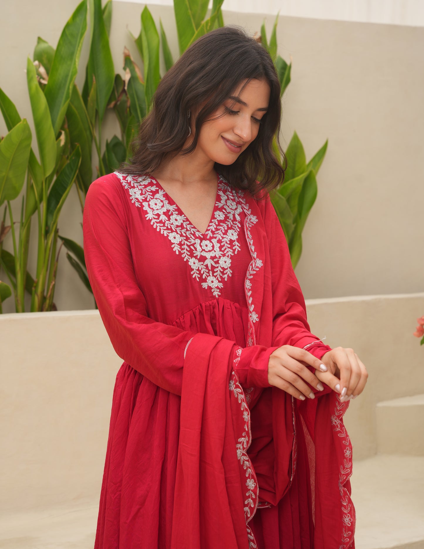 Red Chanderi Aari  Embroidered Suit Set