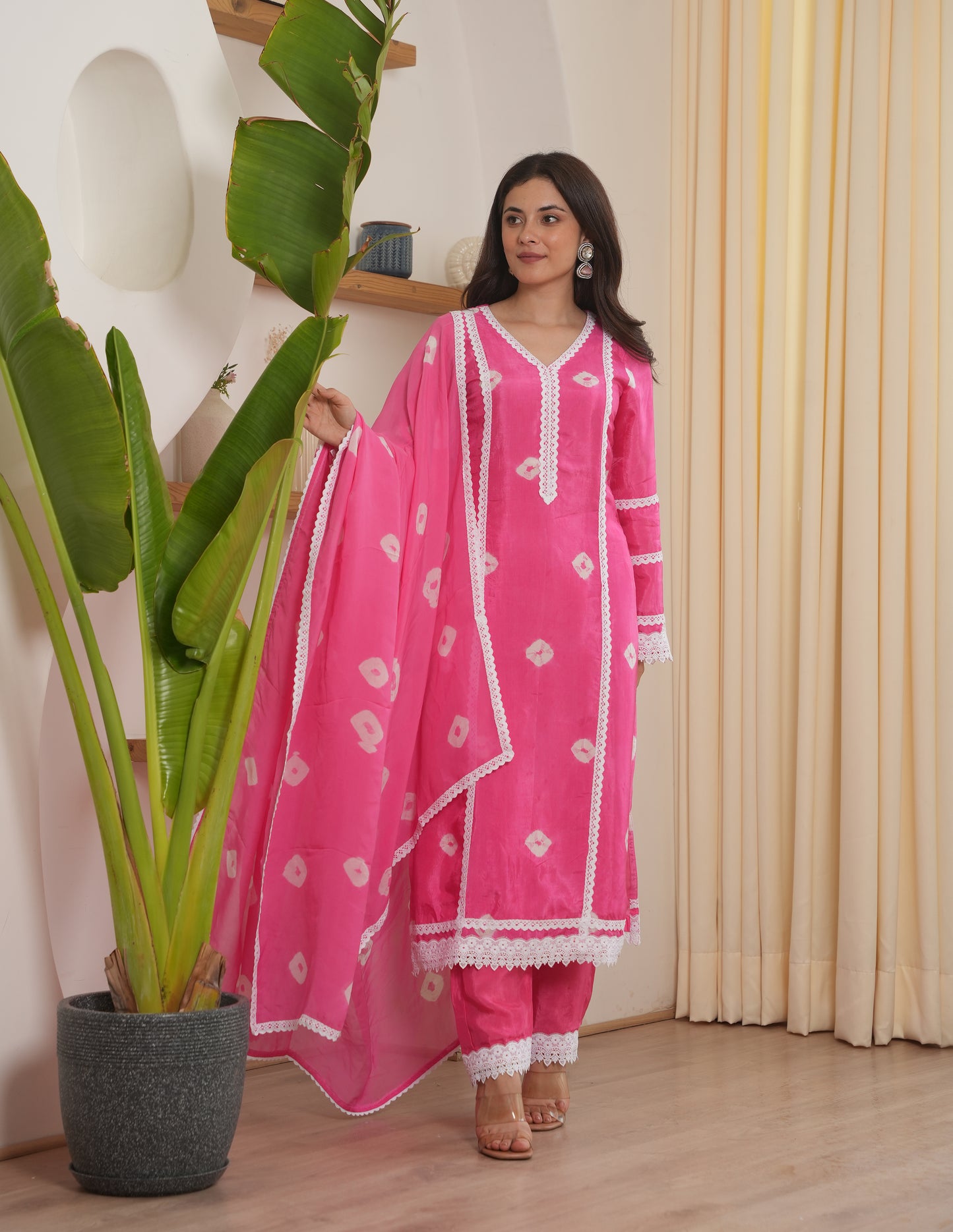 Remi Pink Bandhani Silk  Suit Set