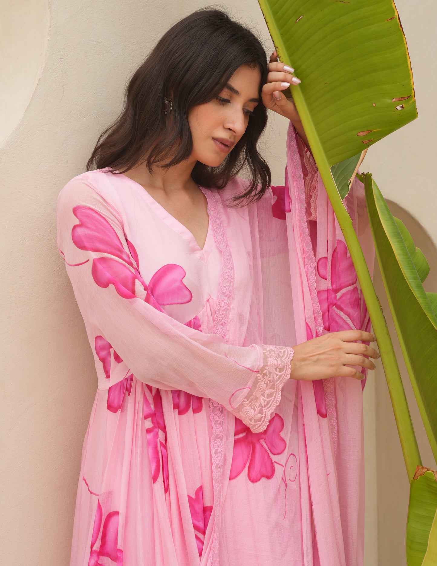 Cherry Pink Handpaint Chiffon Suit Set