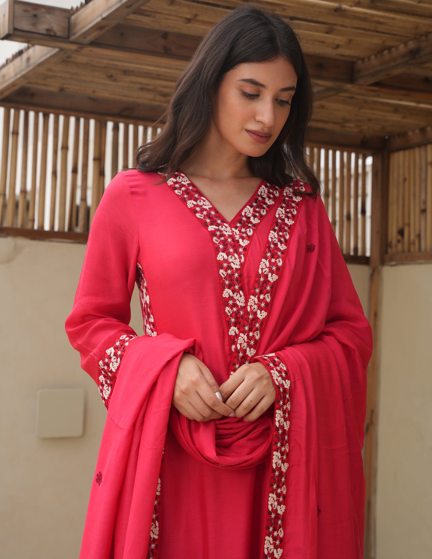 Maria Red Maslin Embroidered Suit Set