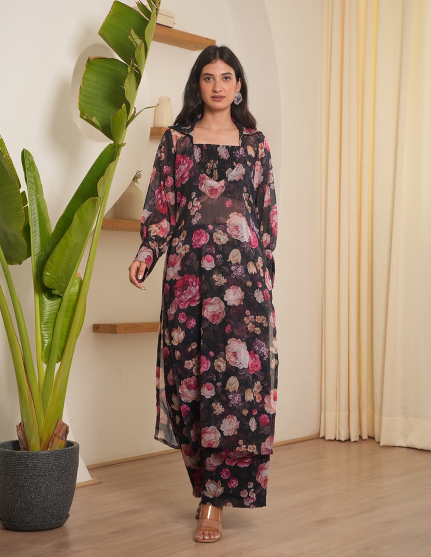 Aster Black Chiffon Kurta Set With Smocked Blouse