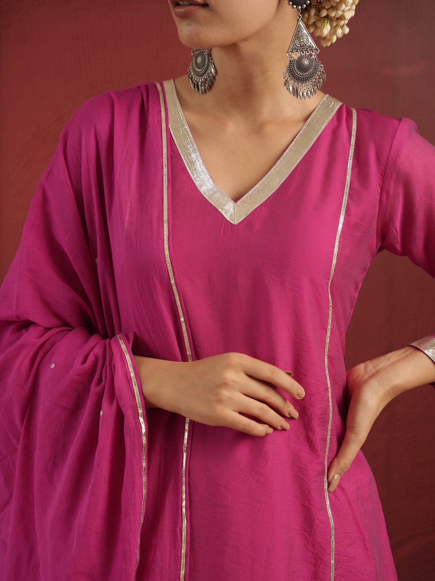 CHAAND HOT PINK CHANDERI ZARI GOTA SUIT SET