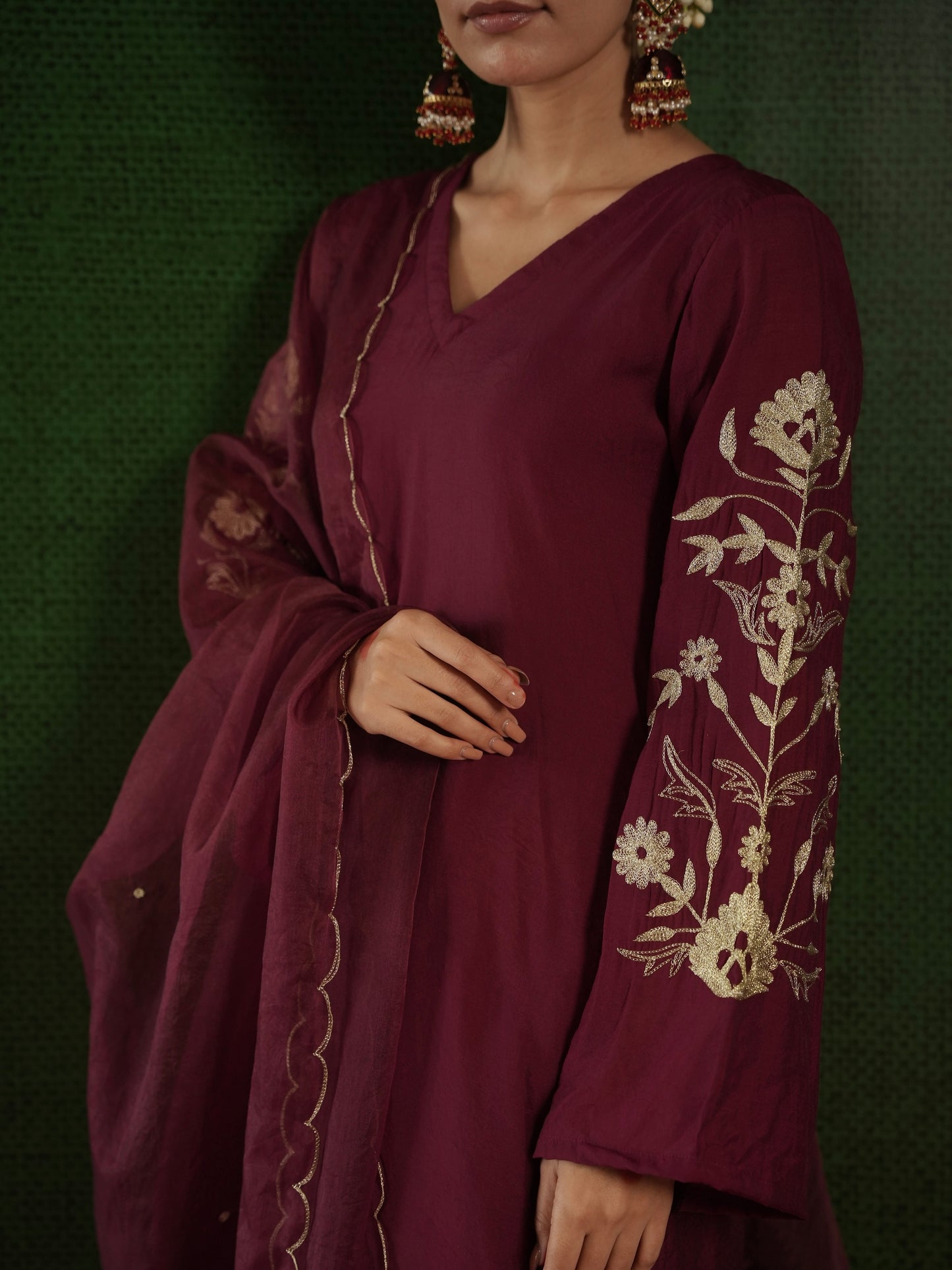 CHAAND MAROON CHANDERI HEAVY EMBROIDERD SUIT SET