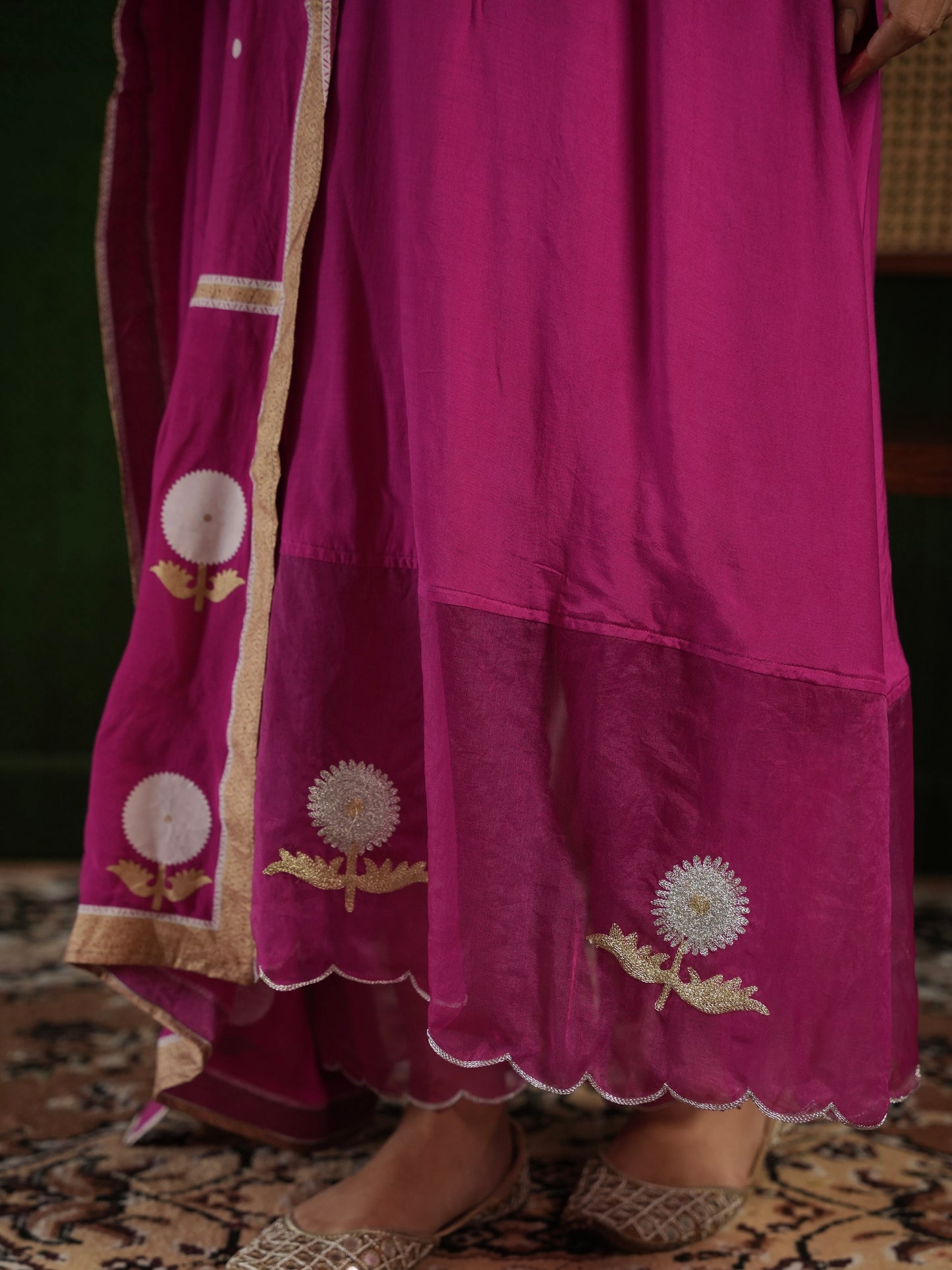 CHAAND DARK PINK MASLIN  EMBROIDERY SUIT SET WITH BLOCKPRINT DUPATTA