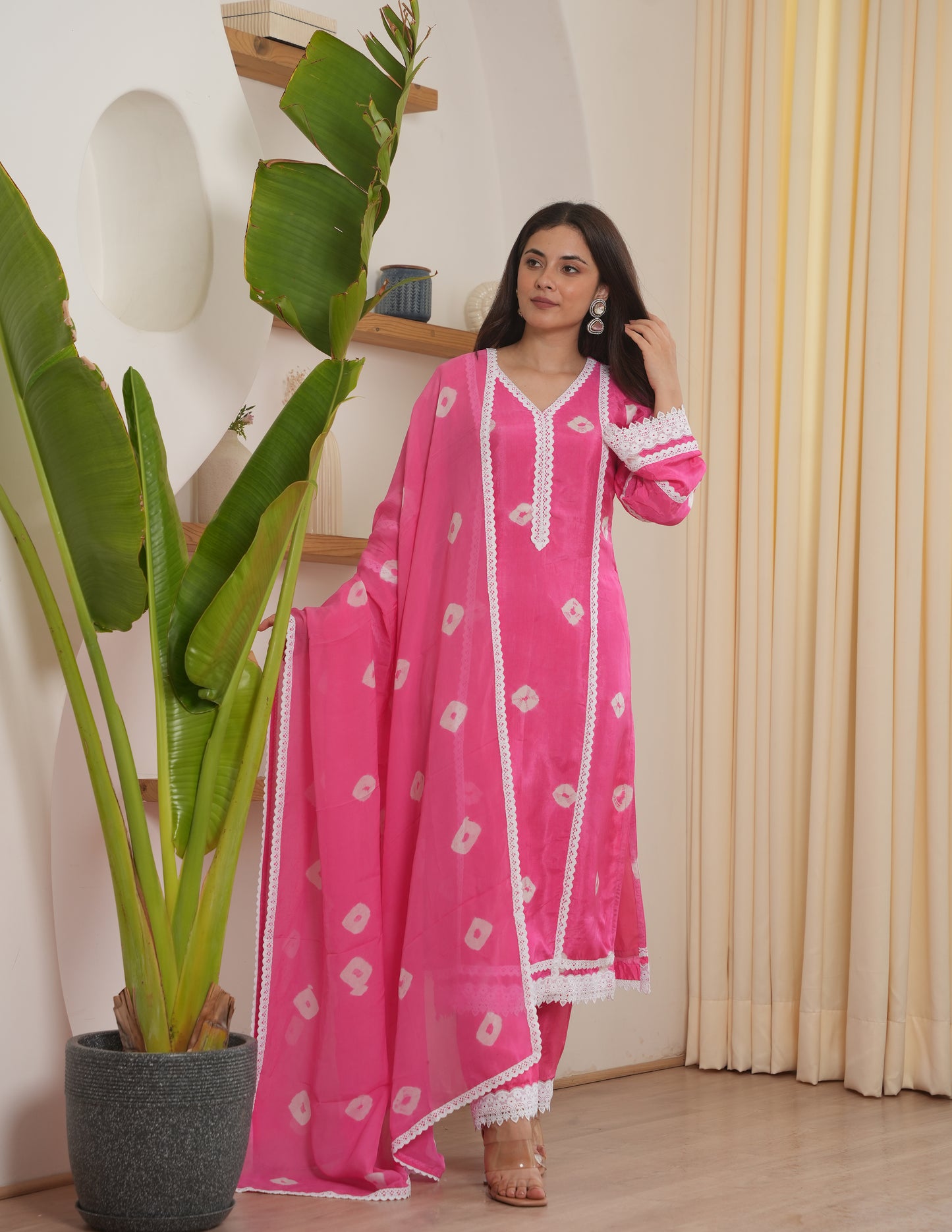 Remi Pink Bandhani Silk  Suit Set