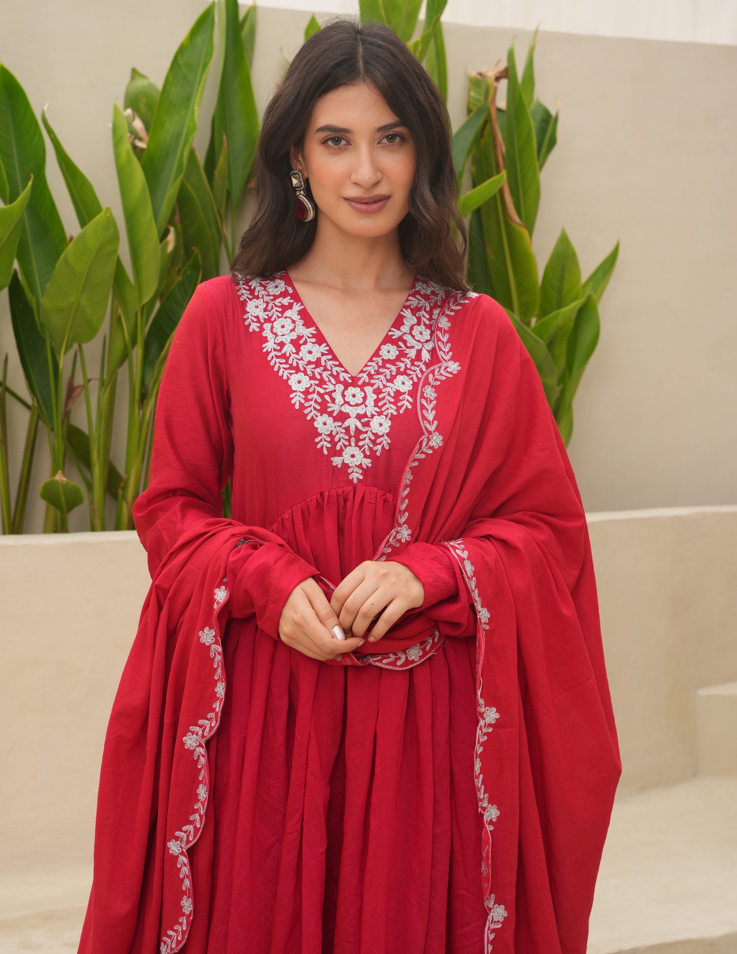 Red Chanderi Aari  Embroidered Suit Set