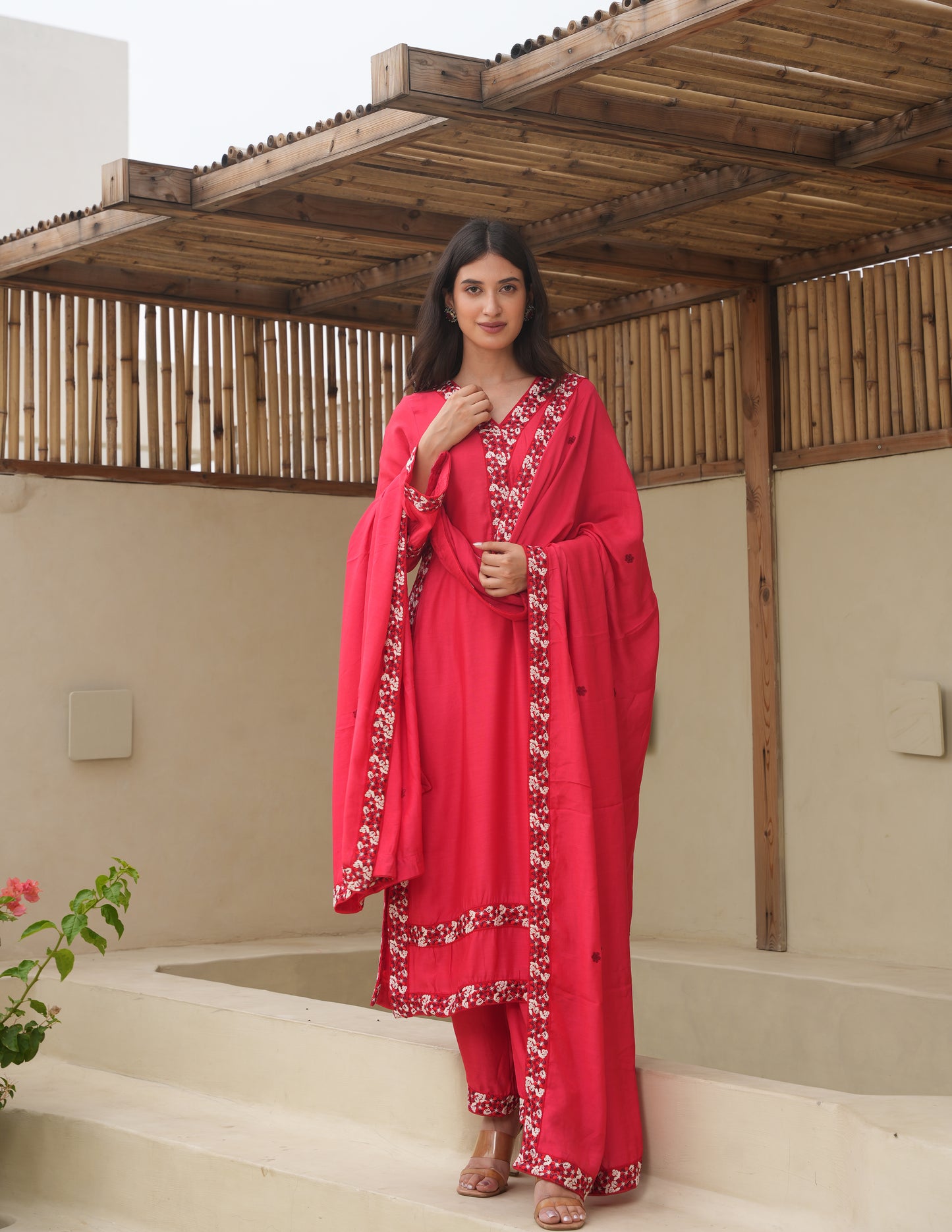 Maria Red Maslin Embroidered Suit Set