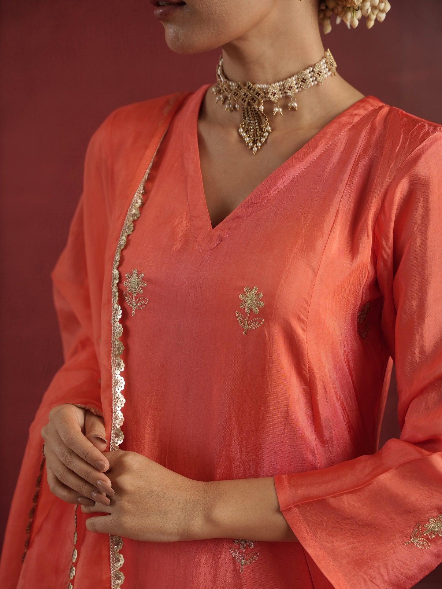 CHAAND PEACH SILK AARI EMBROIDERY SUIT SET