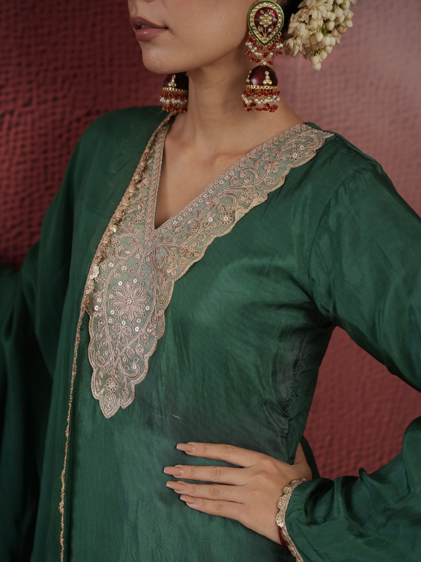 CHAAND GREEN SILK ZARIWORK SUIT SET