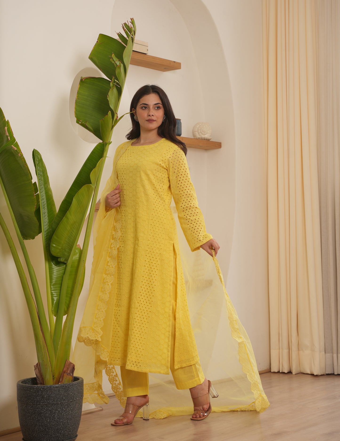 Josie Yellow Schiffli Straight Suit Set