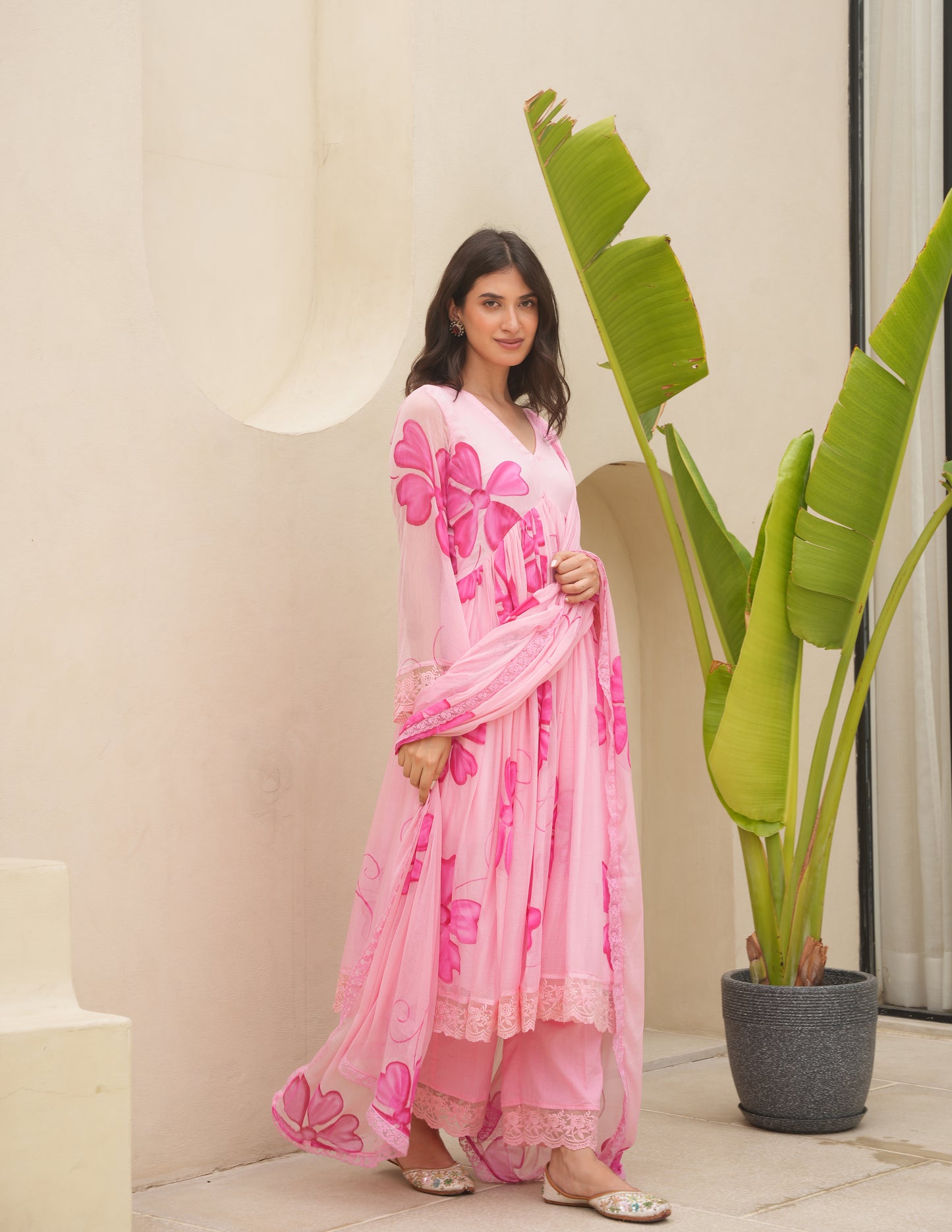 Cherry Pink Handpaint Chiffon Suit Set