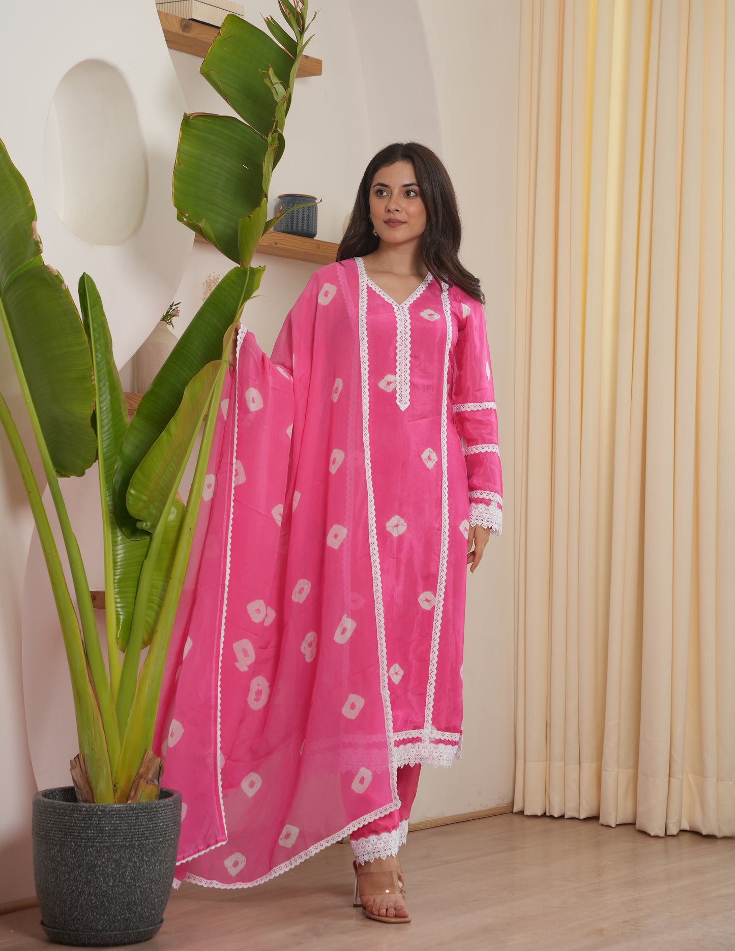 Remi Pink Bandhani Silk  Suit Set