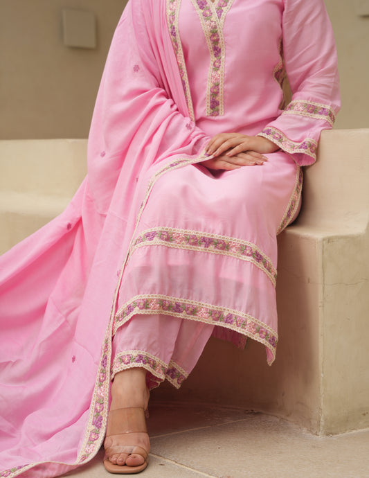 Pink Maslin Embroidered Suit Set