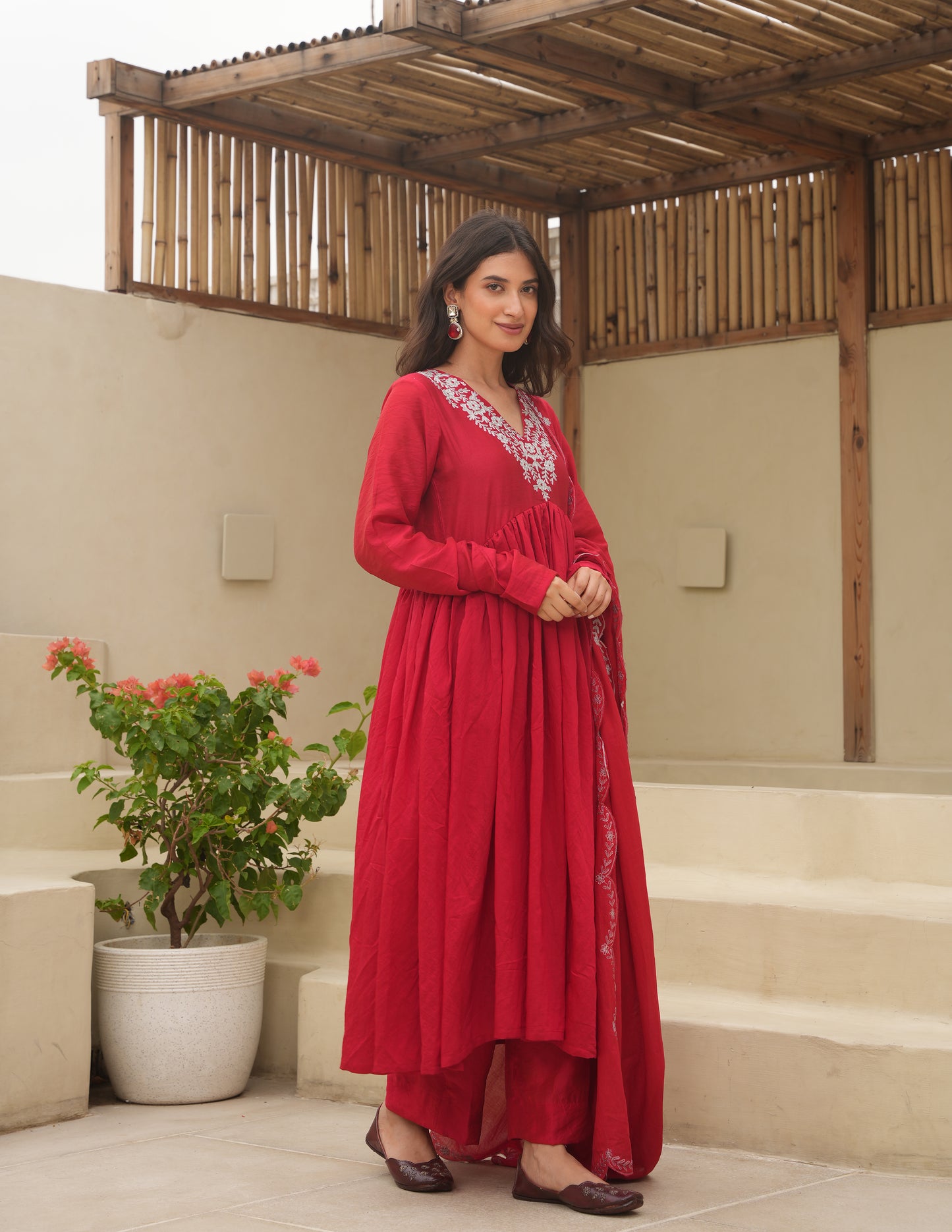 Red Chanderi Aari  Embroidered Suit Set