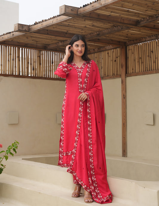 Maria Red Maslin Embroidered Suit Set