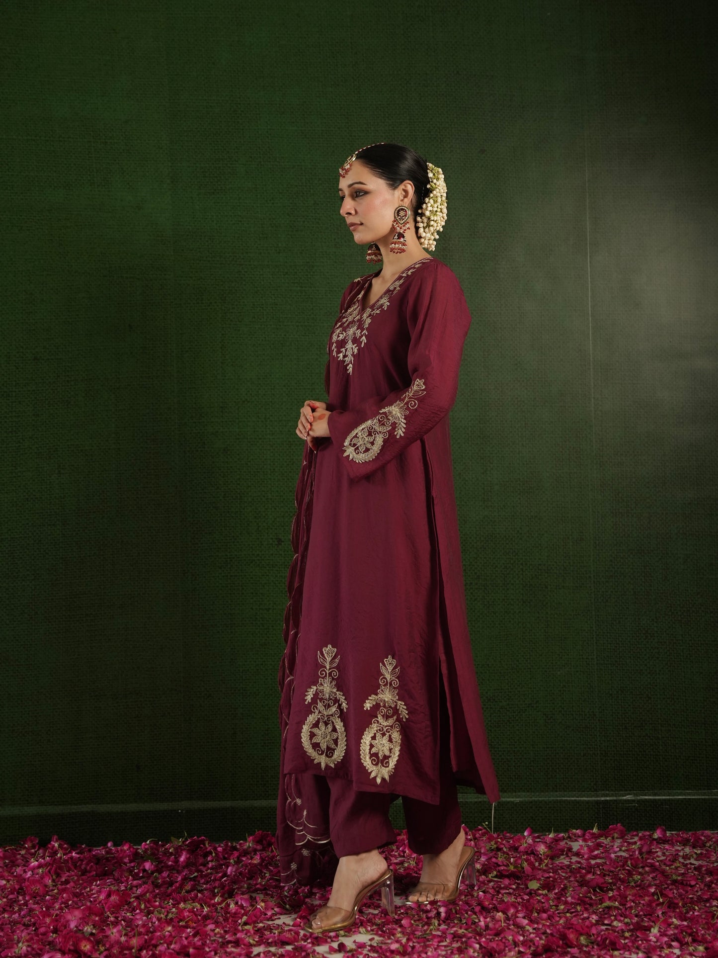 CHAAND ROSEWOOD CHANDERI HEAVY EMBROIDERD SUIT SET