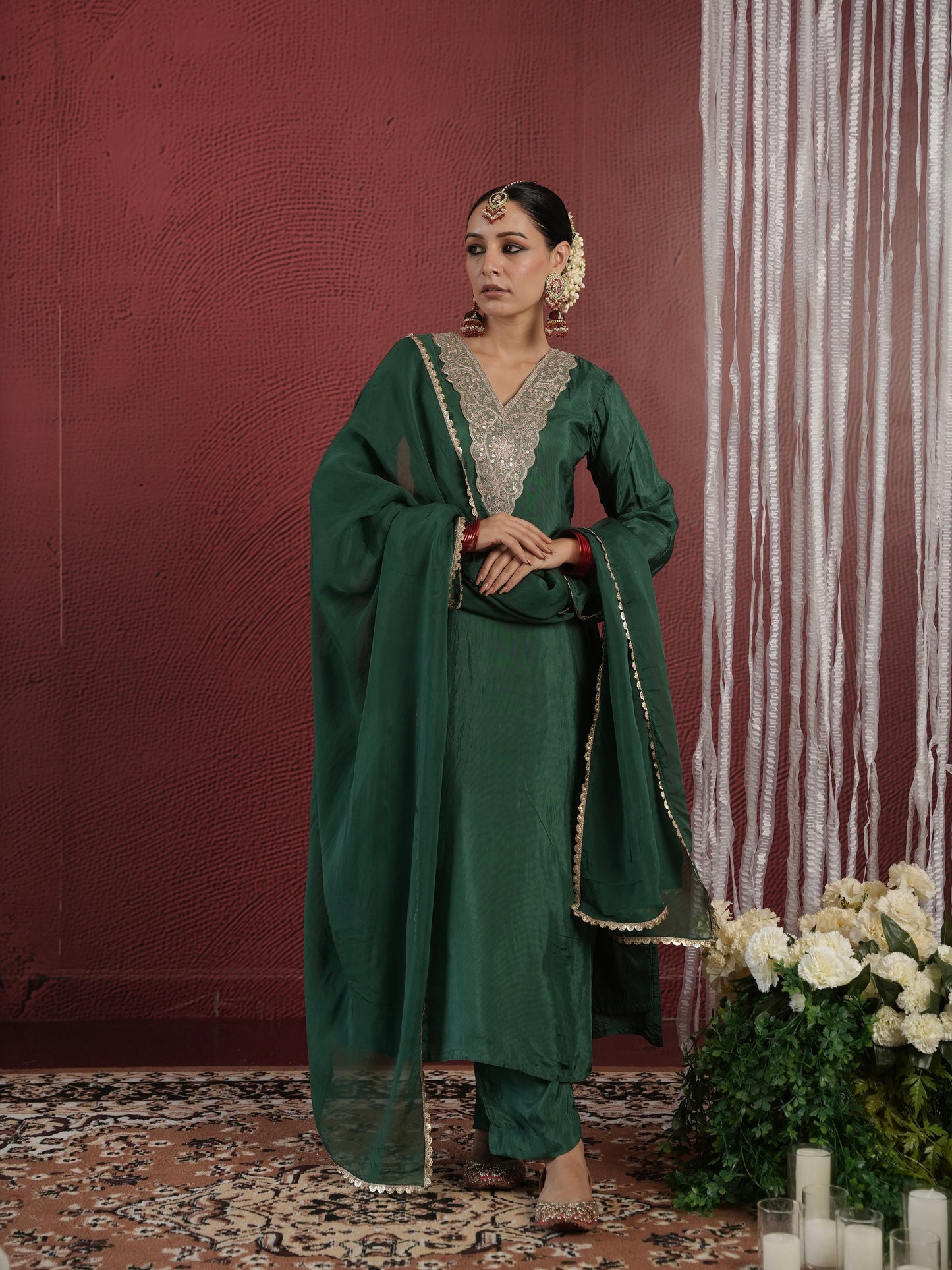 CHAAND GREEN SILK ZARIWORK SUIT SET