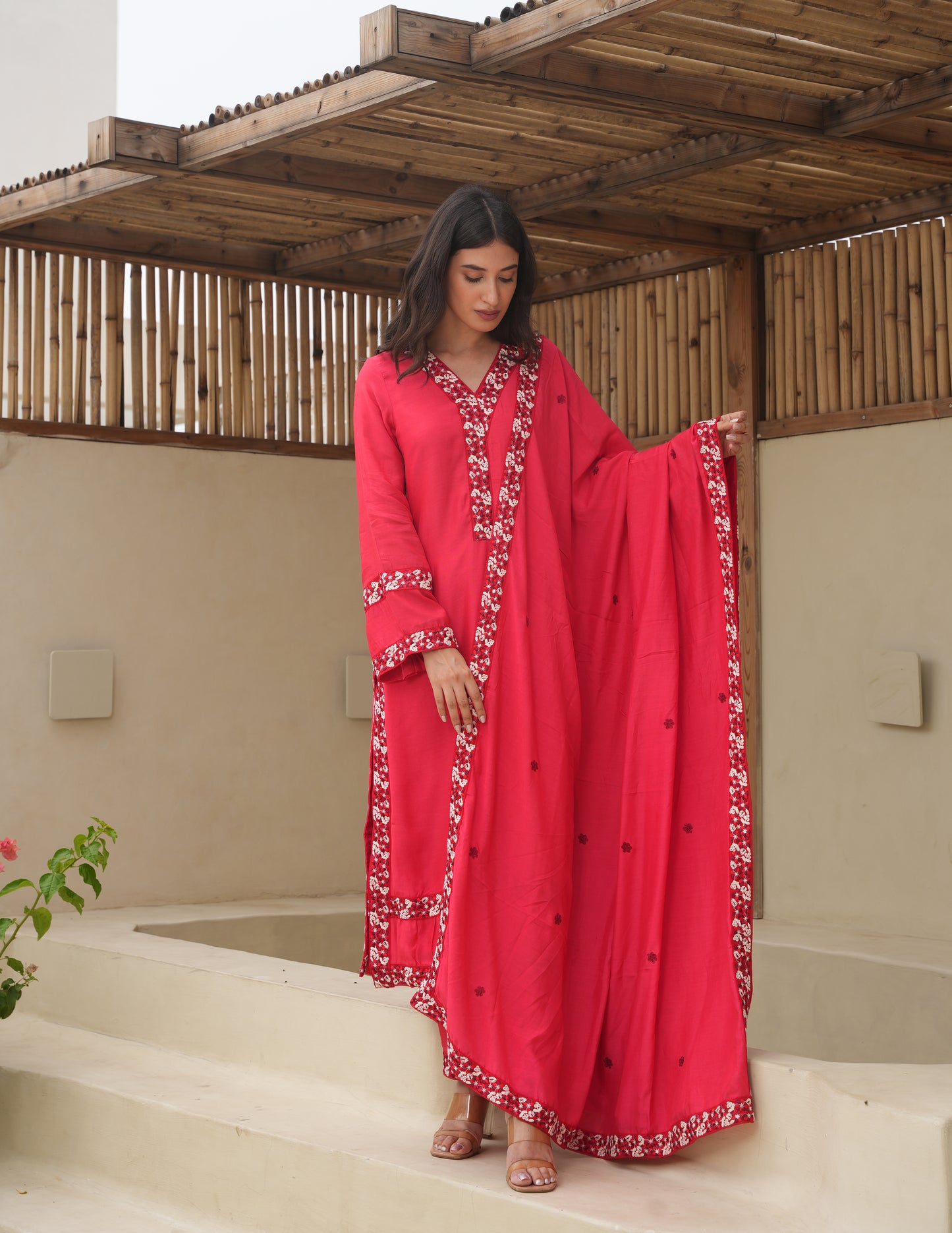 Maria Red Maslin Embroidered Suit Set