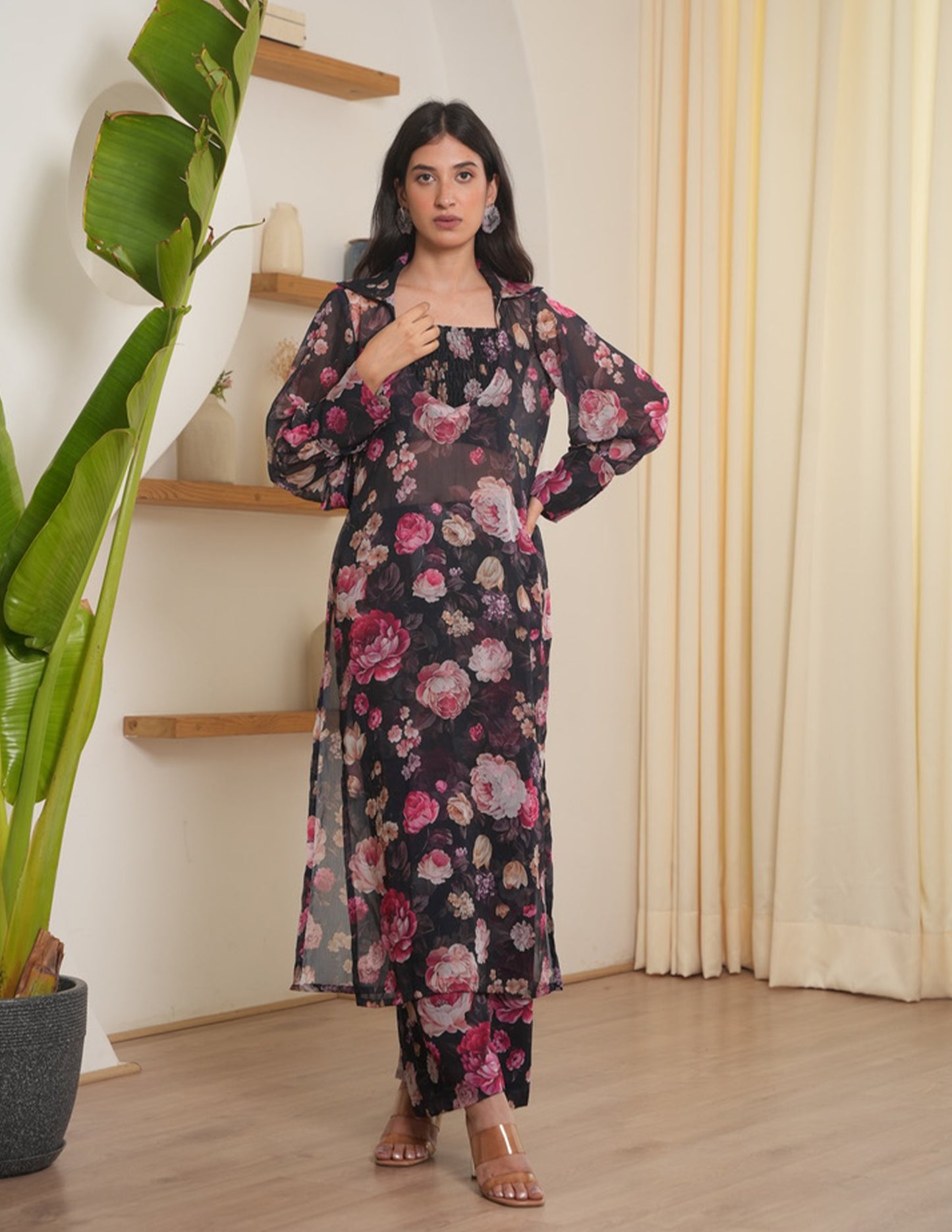 Aster Black Chiffon Kurta Set With Smocked Blouse