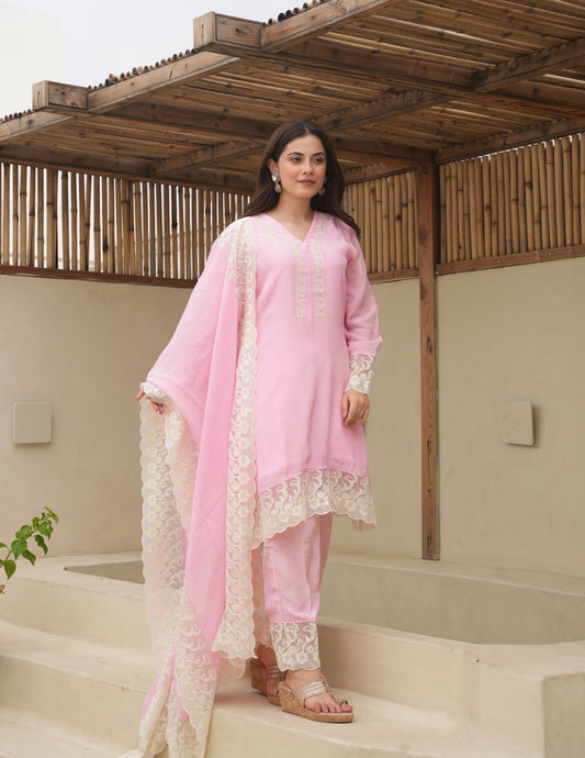 Ella Baby Pink Silk Straight Suit Set