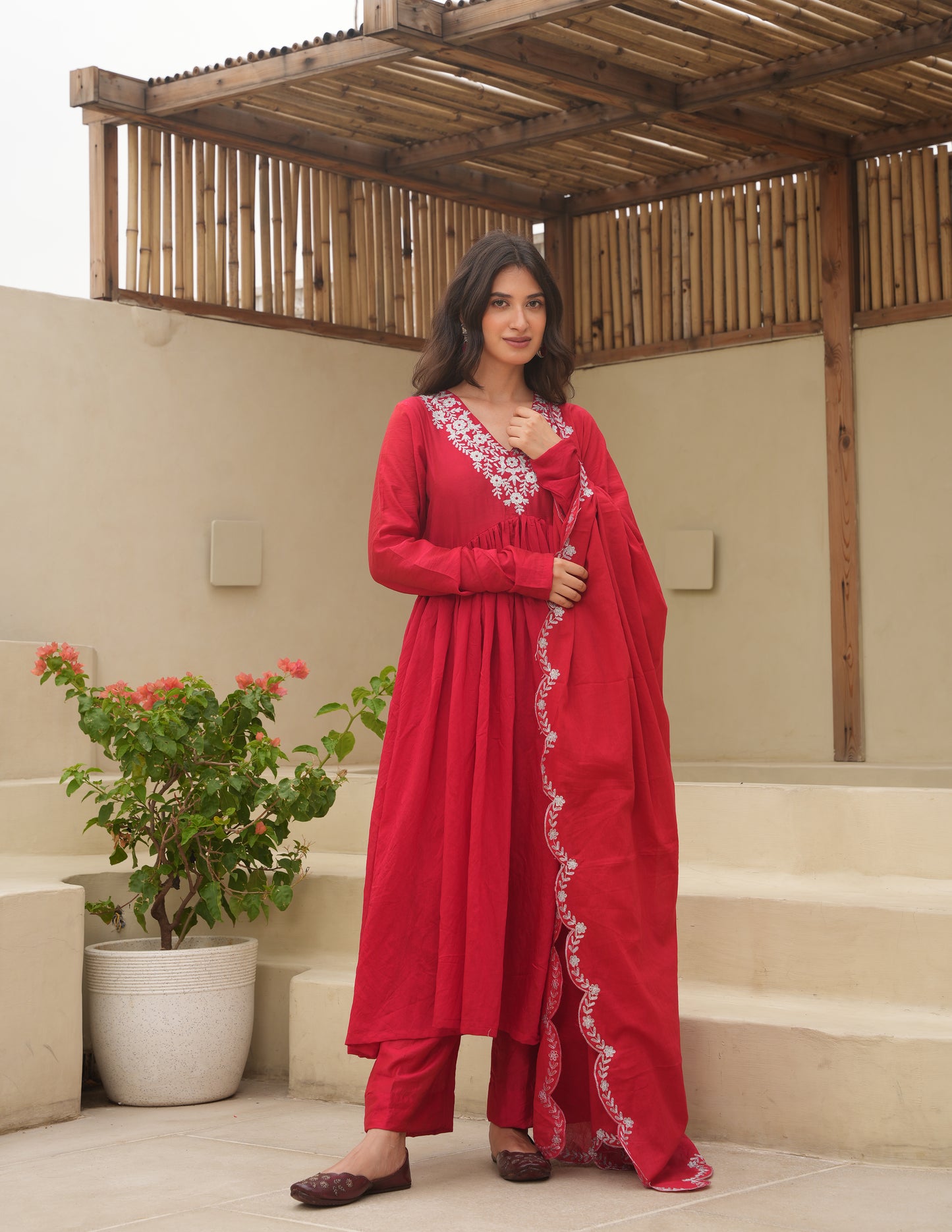 Red Chanderi Aari  Embroidered Suit Set