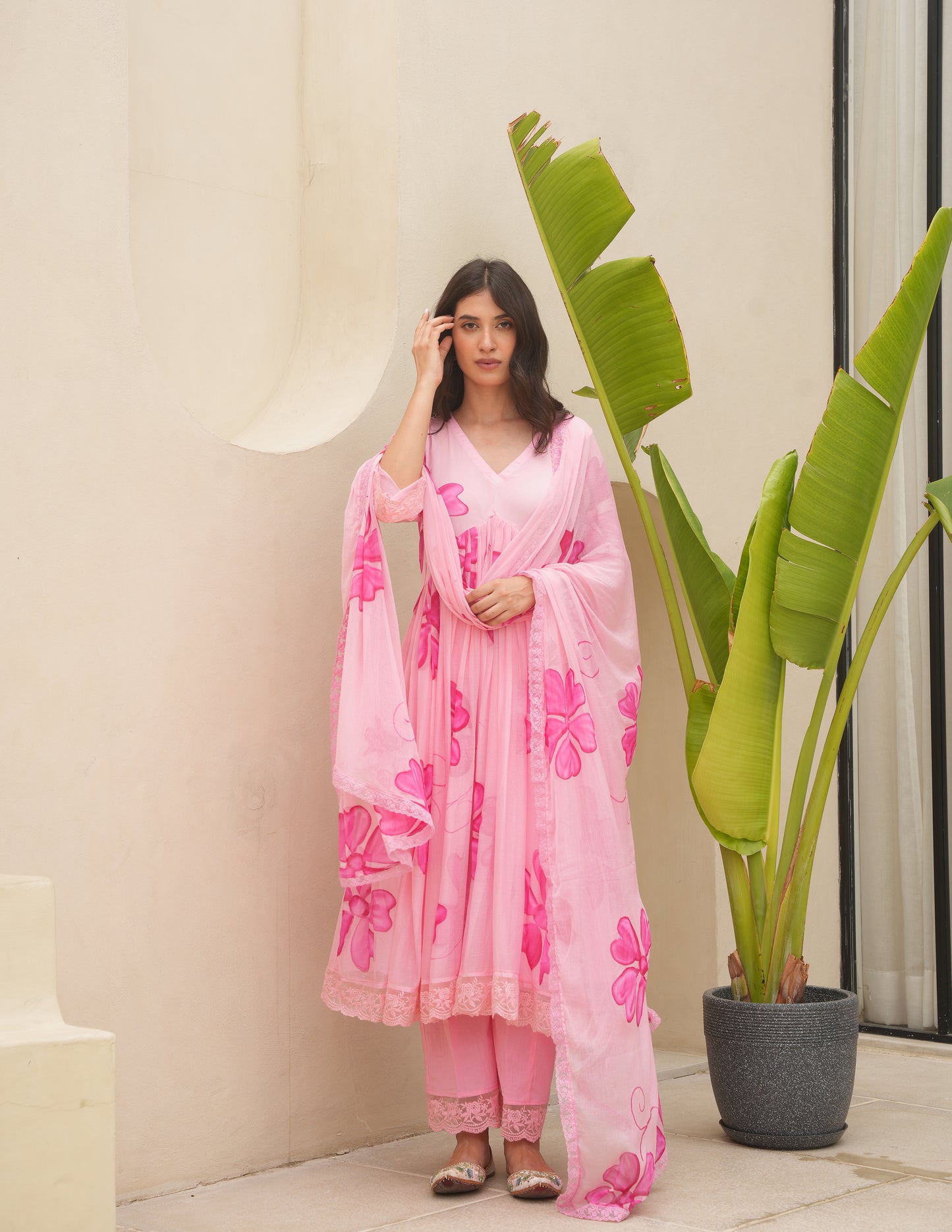 Cherry Pink Handpaint Chiffon Suit Set