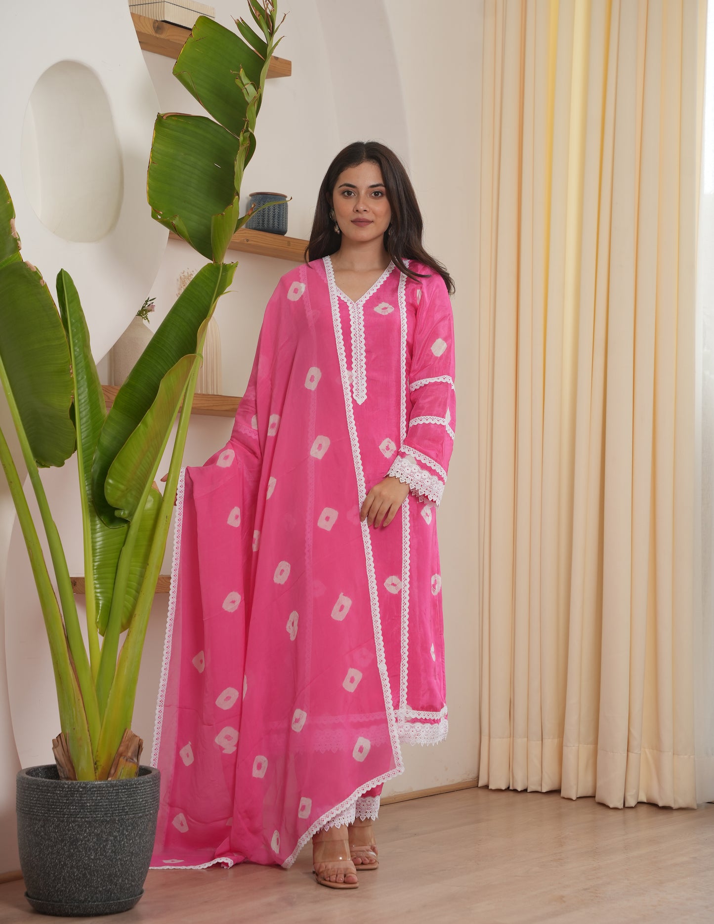 Remi Pink Bandhani Silk  Suit Set