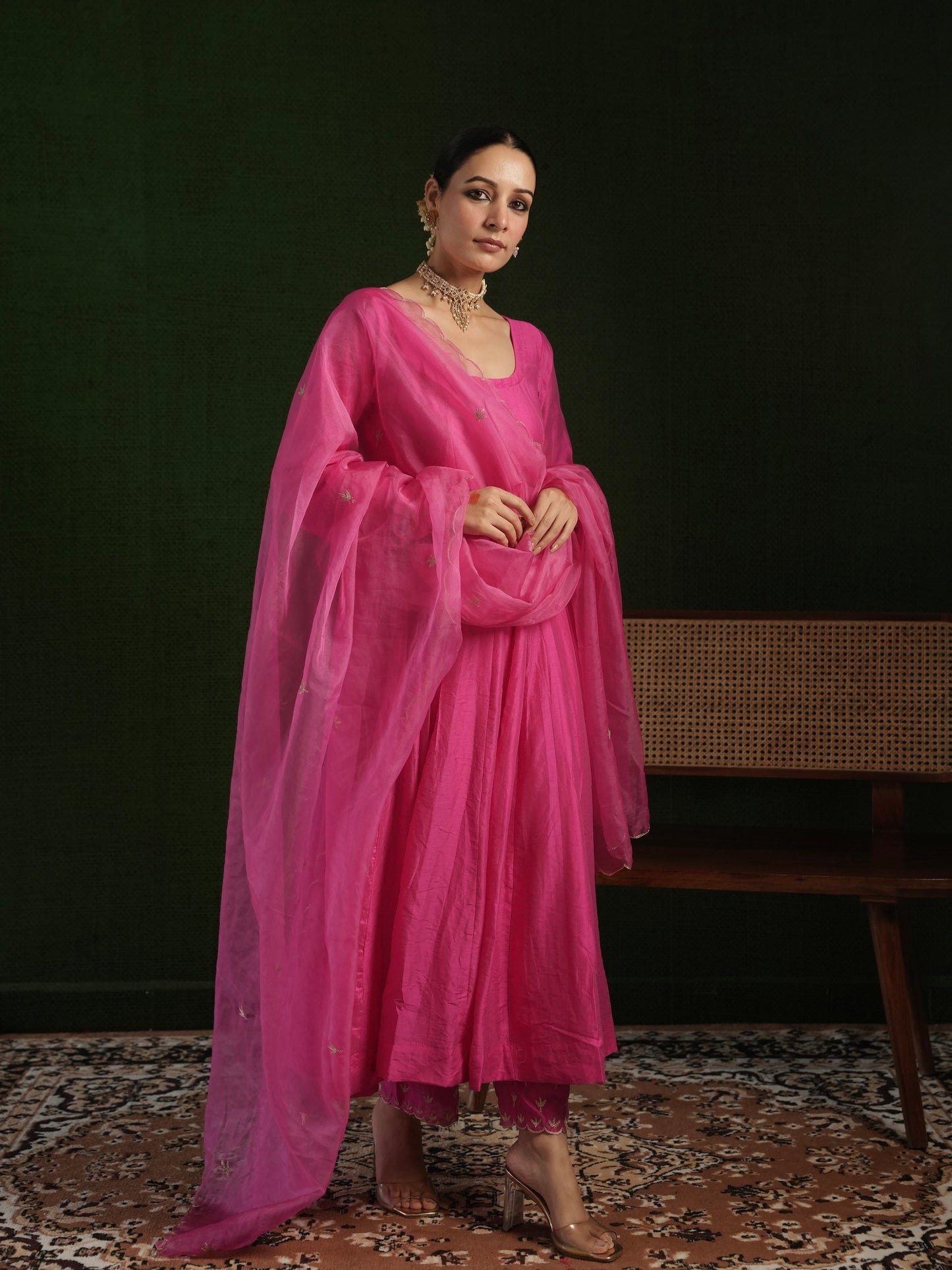 CHAAND FUCHSIA PINK CHANDERI AARI WORK WITH HEAVY BOTTOM SUIT SET