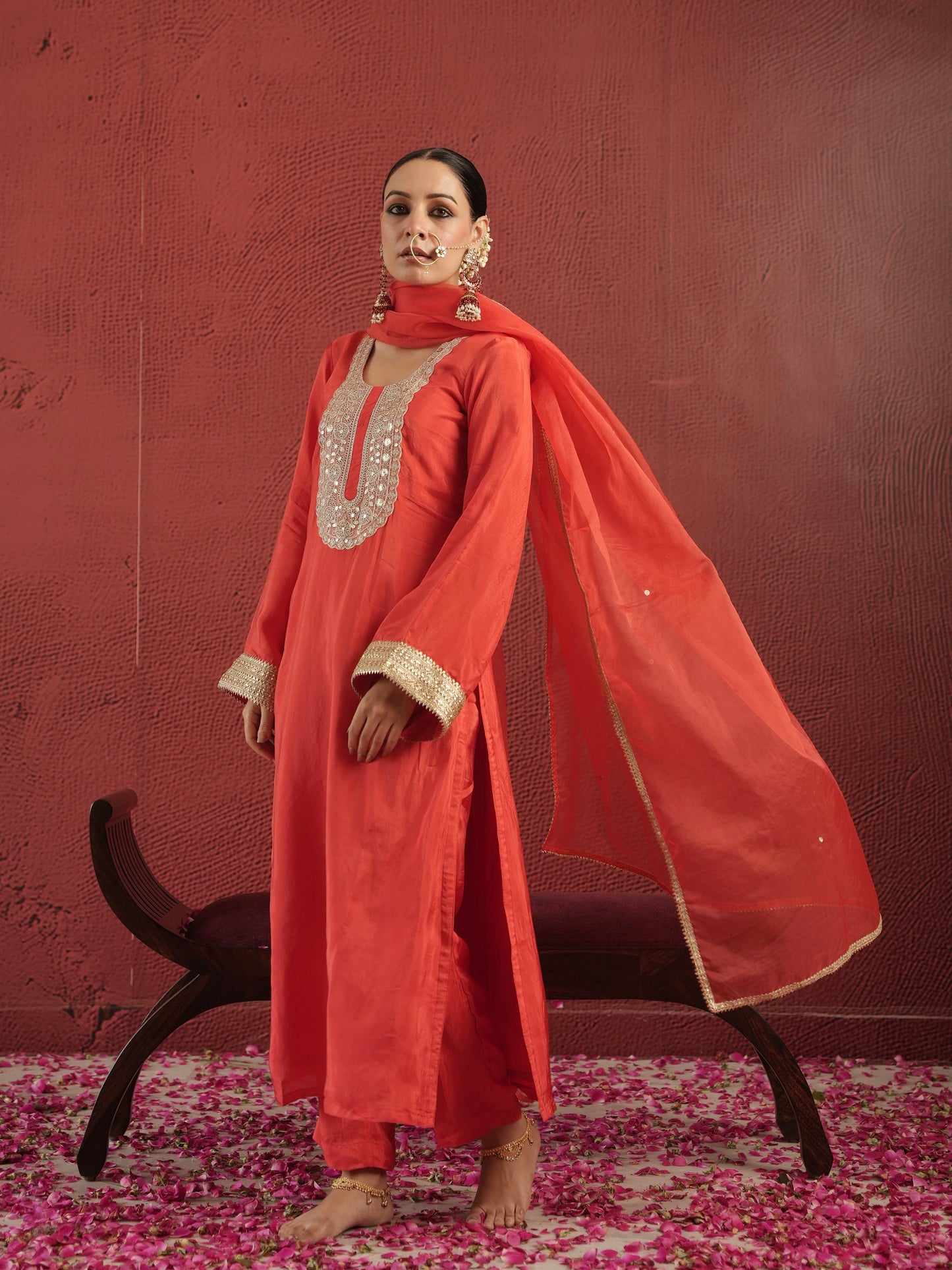 CHAAND RED SILK ZARIWORK SUIT SET