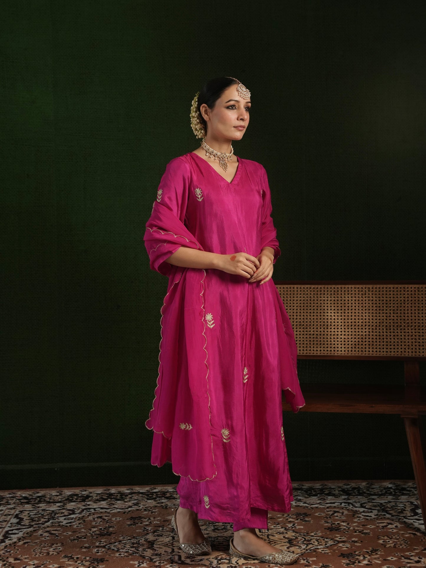 CHAAND DARK PINK SILK AARI EMBROIDERY SUIT SET