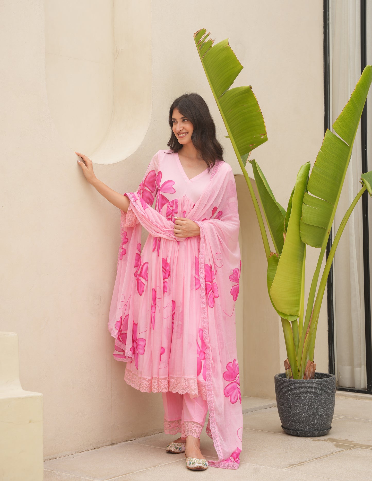 Cherry Pink Handpaint Chiffon Suit Set