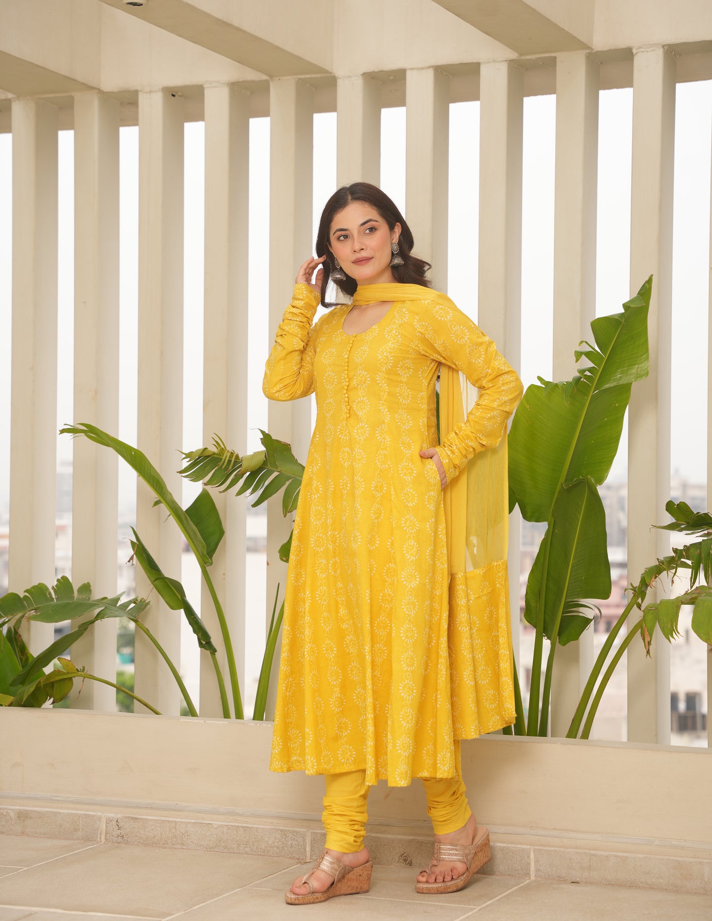 Yellow Block Print Cotton Suit Set