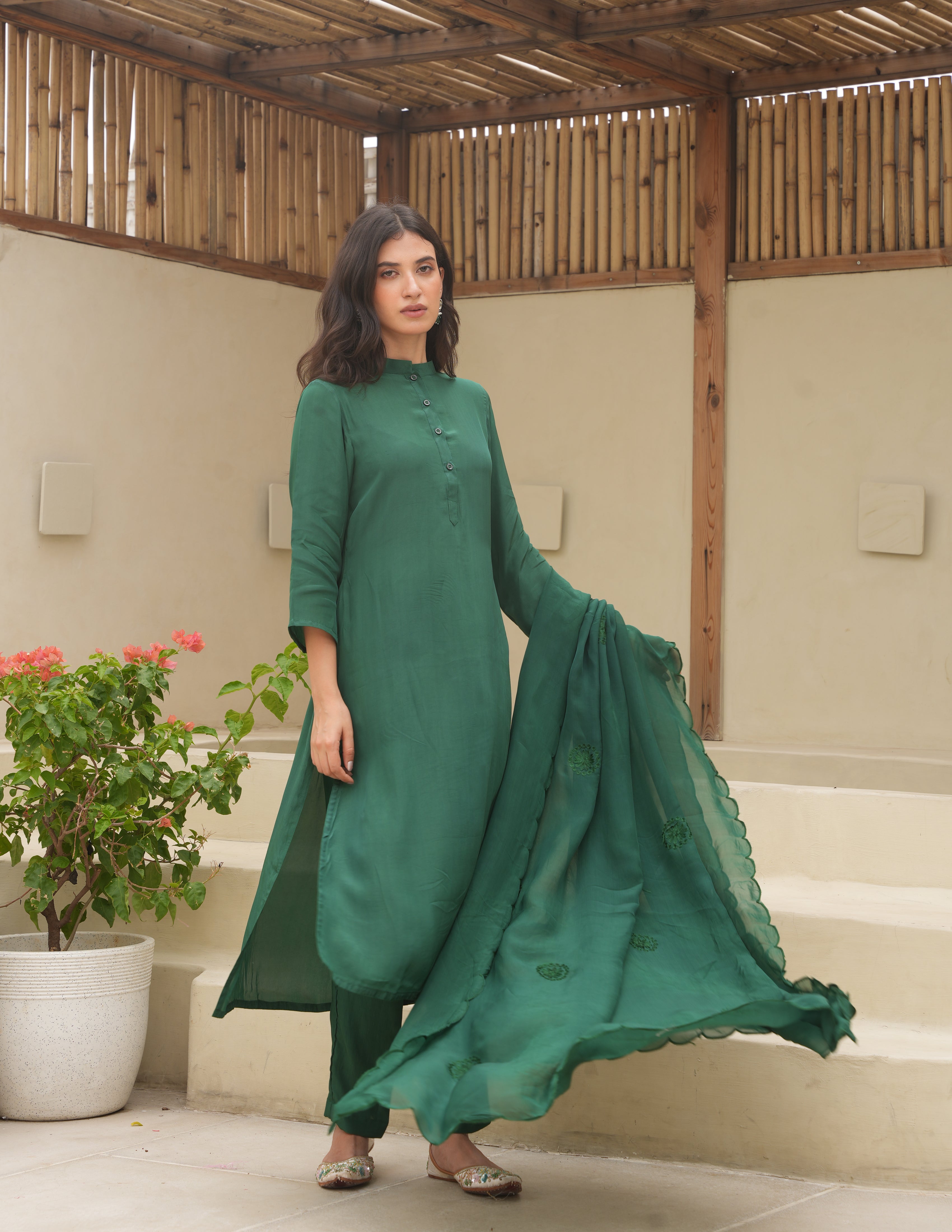 Bloosom Green Silk Straight Suit Set