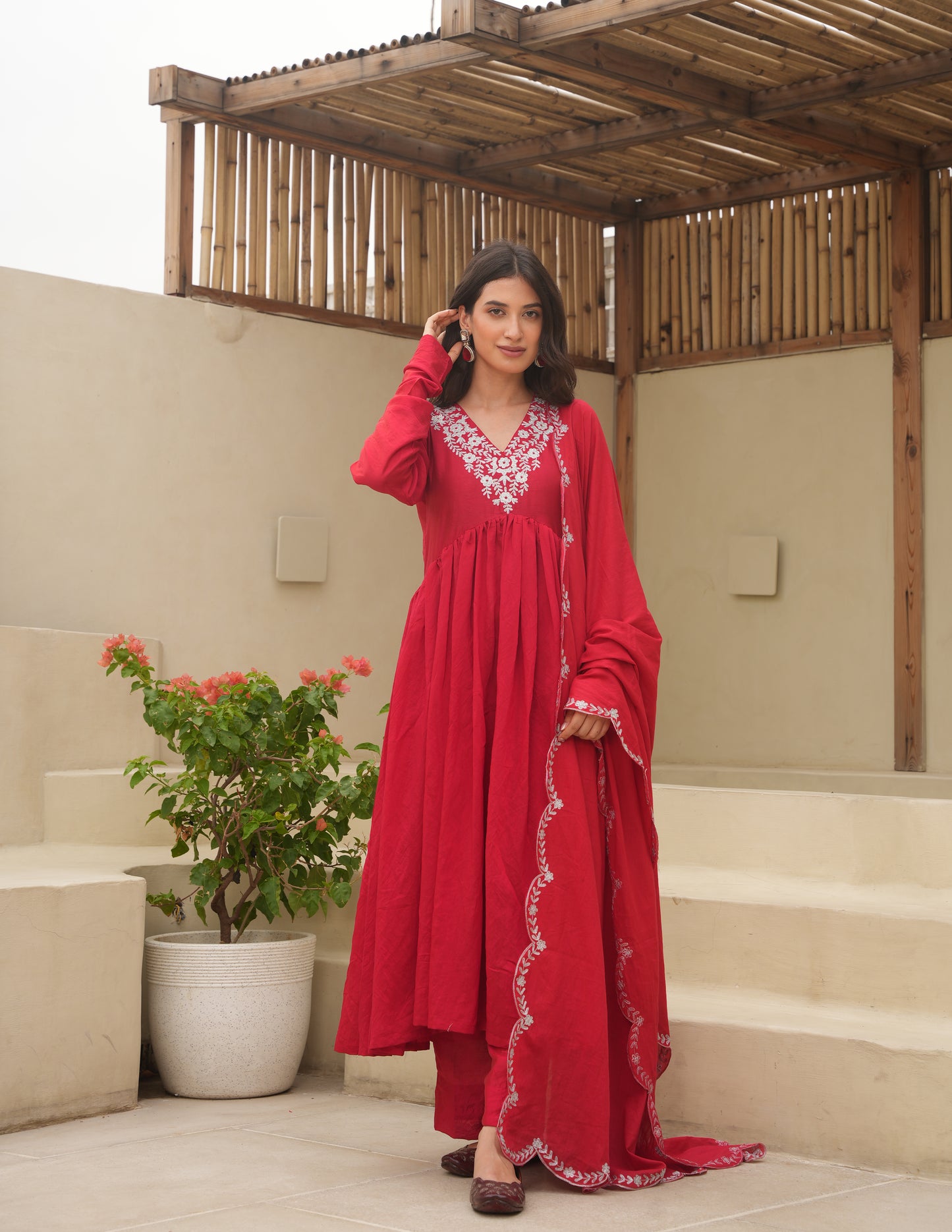 Red Chanderi Aari  Embroidered Suit Set