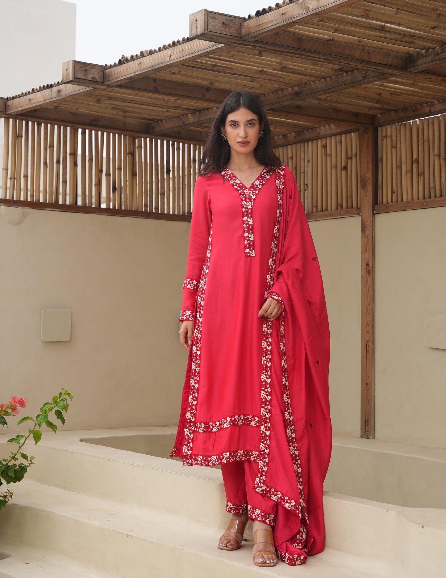 Maria Red Maslin Embroidered Suit Set