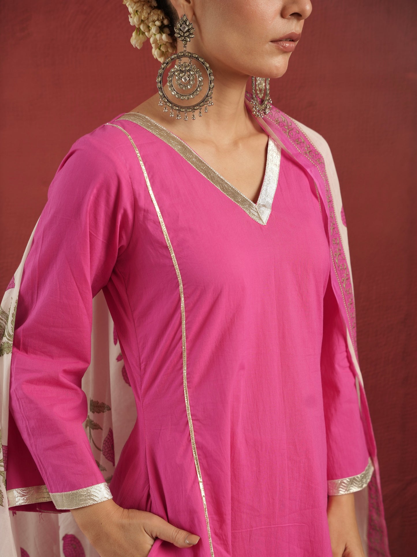 CHAAND PINK COTTON SUIT SET WITH BLOCK PRINT DUPATTA