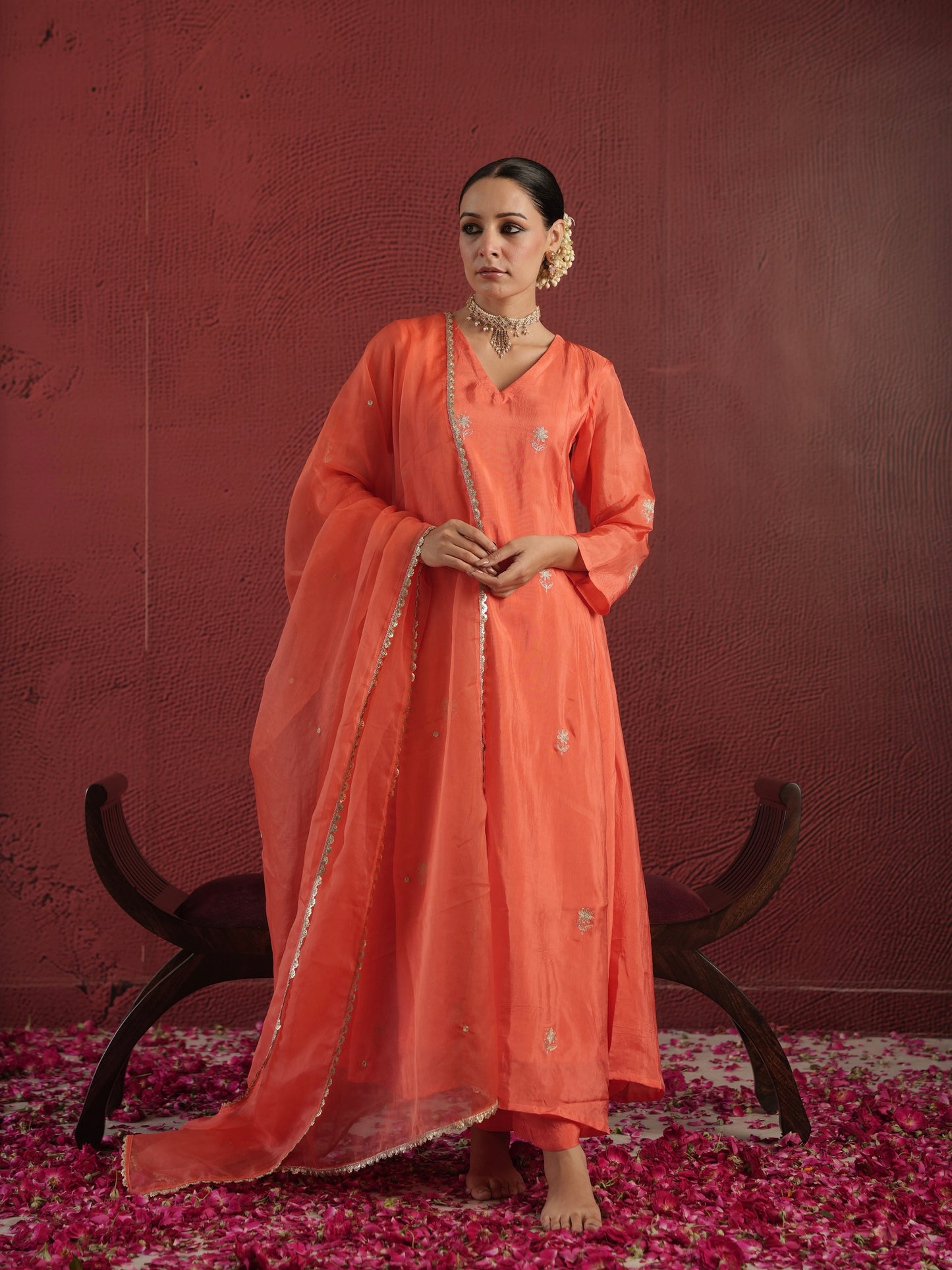 CHAAND PEACH SILK AARI EMBROIDERY SUIT SET