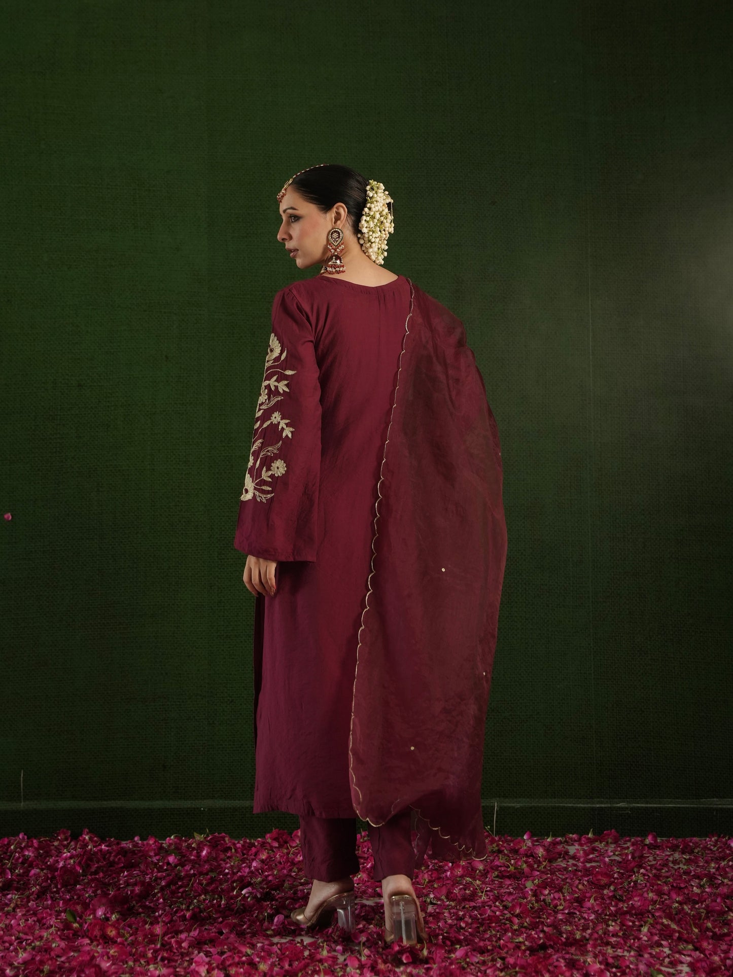 CHAAND MAROON CHANDERI HEAVY EMBROIDERD SUIT SET