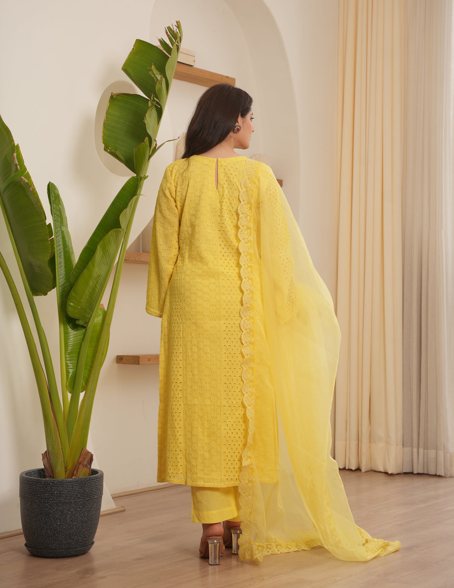 Josie Yellow Schiffli Straight Suit Set