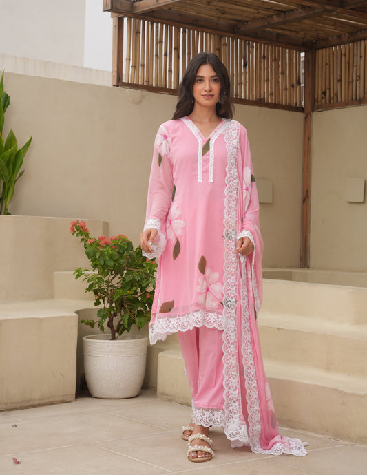 Saga Pink Handpaint Chiffon Suit Set